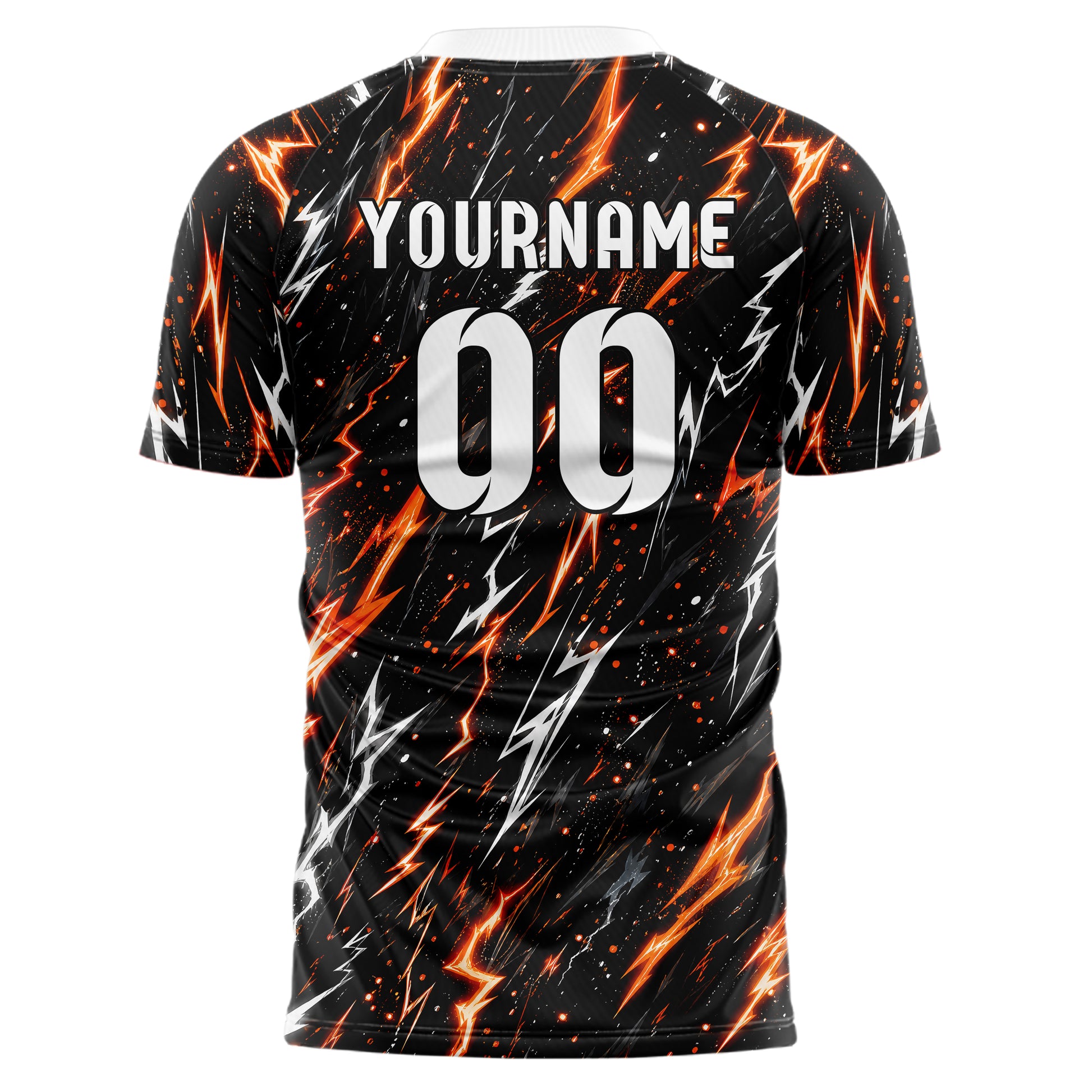 Schwarz dunkles Flammen Blitz Jagged Energy Burst Design 05-0001 individuelles Fußballtrikot front