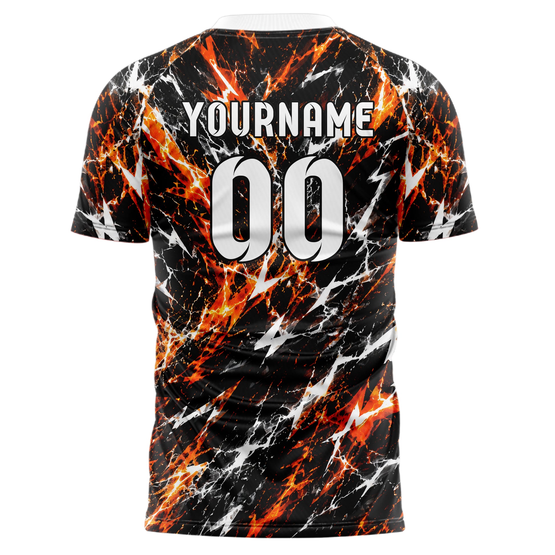 Schwarz dunkles Flammen Blitz Jagged Energy Burst Design 05-0013 individuelles Fußballtrikot front