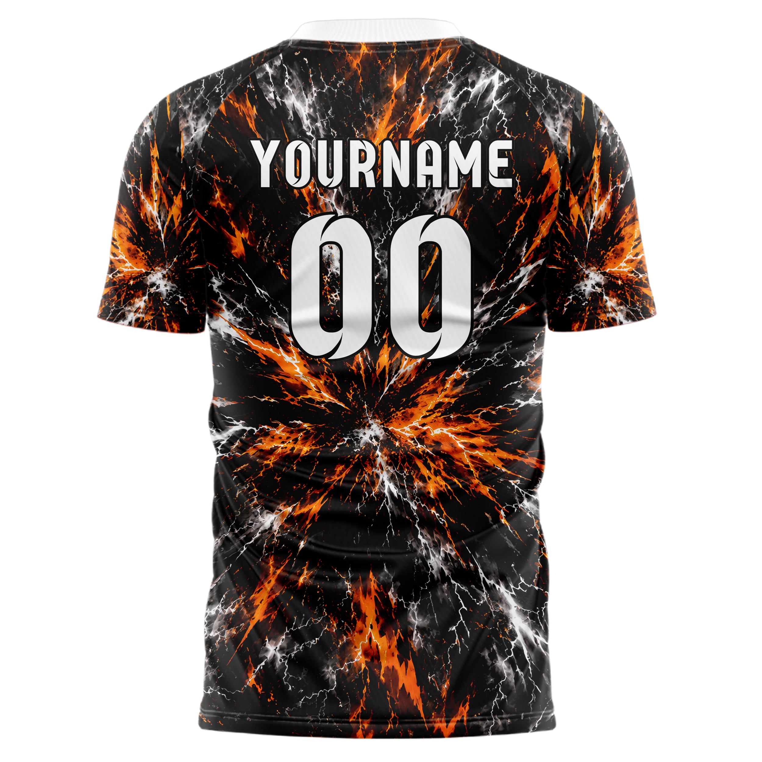 Schwarz dunkles Flammen Blitz Jagged Energy Burst Design 05-0067 individuelles Fußballtrikot front