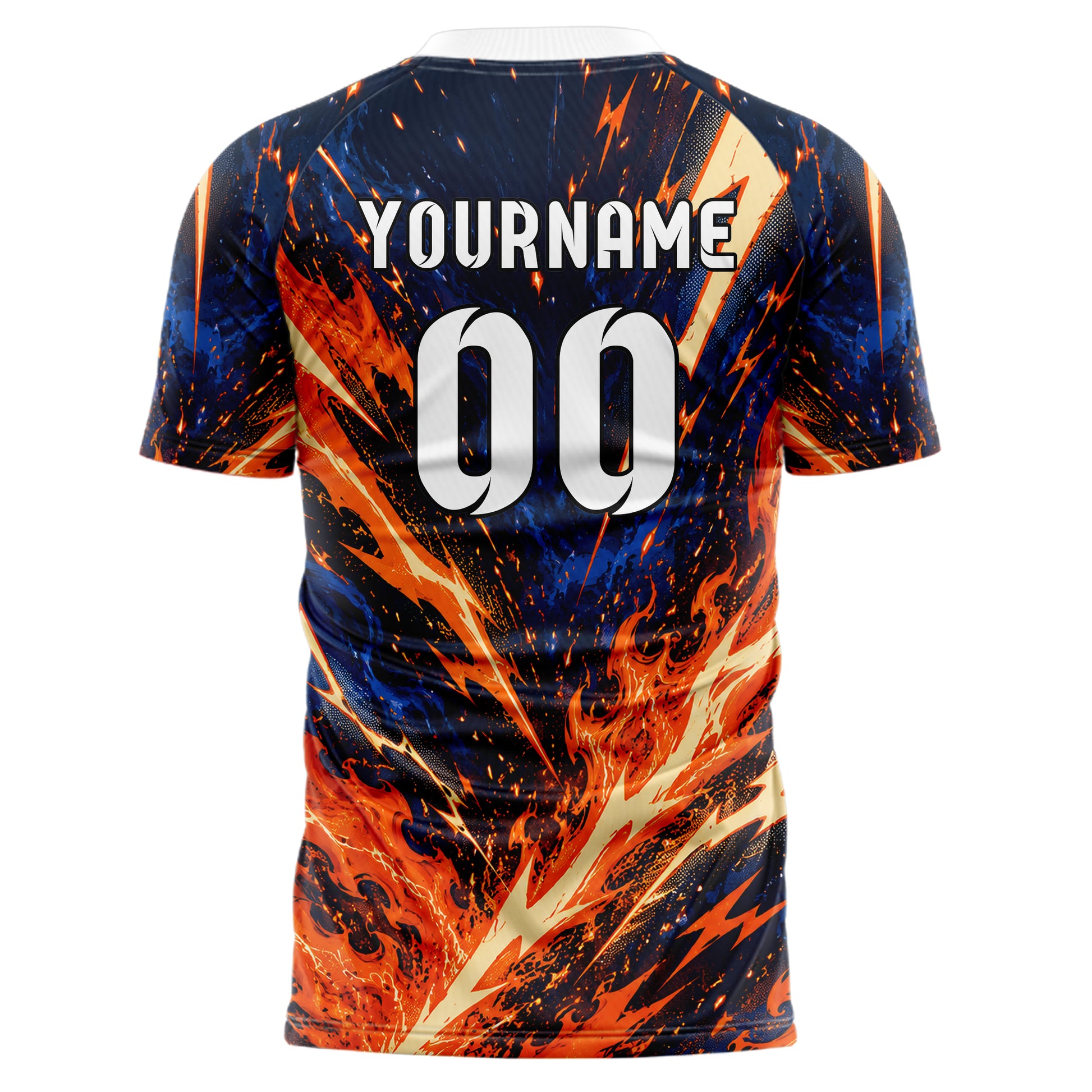 Bay Orange lebendiges Flammen Blitz Flame Lightning Mix Design 05-0036 individuelles Fußballtrikot front