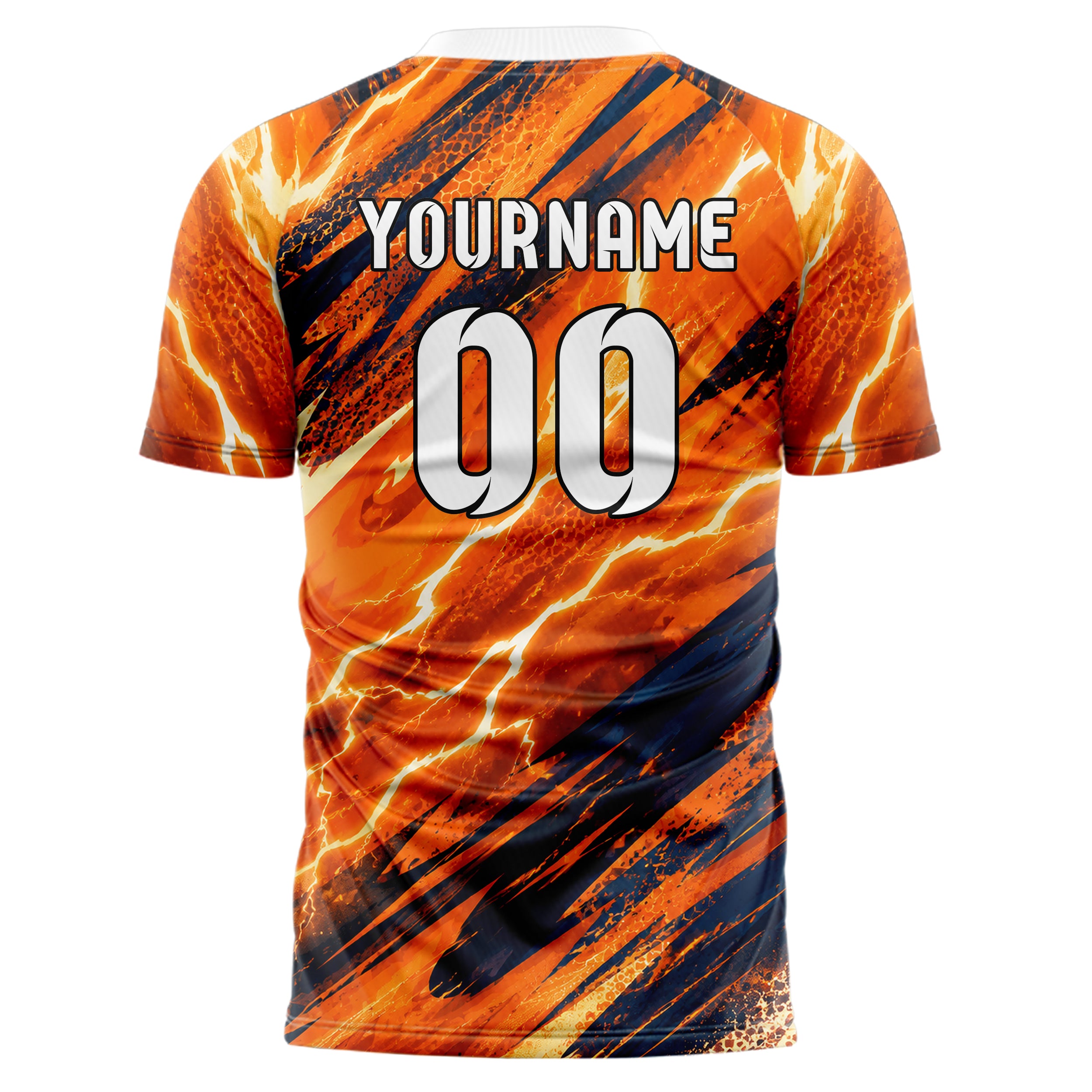 Bay Orange lebendiges Flammen Blitz Flame Lightning Mix Design 05-0048 individuelles Fußballtrikot front