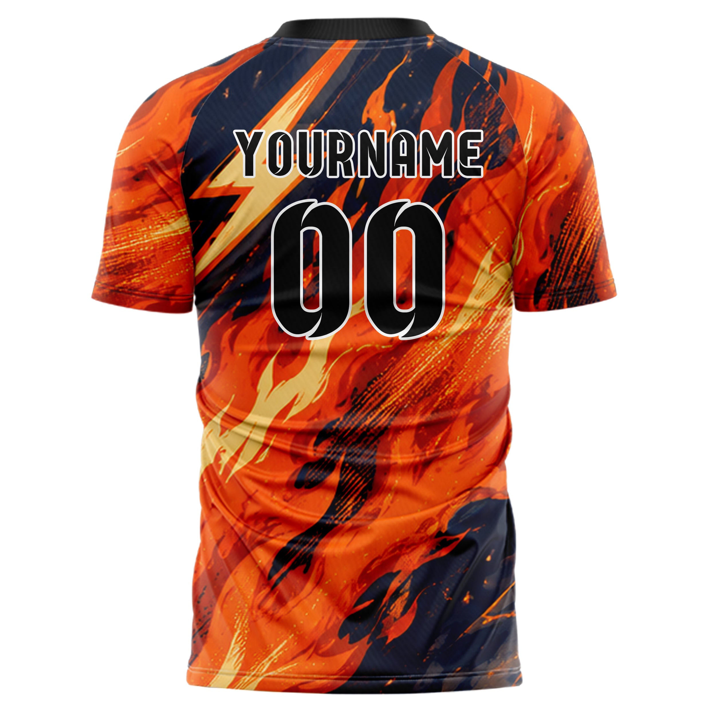 Bay Orange lebendiges Flammen Blitz aufsteigende Flammen Design 05-0063 individuelles Fußballtrikot back