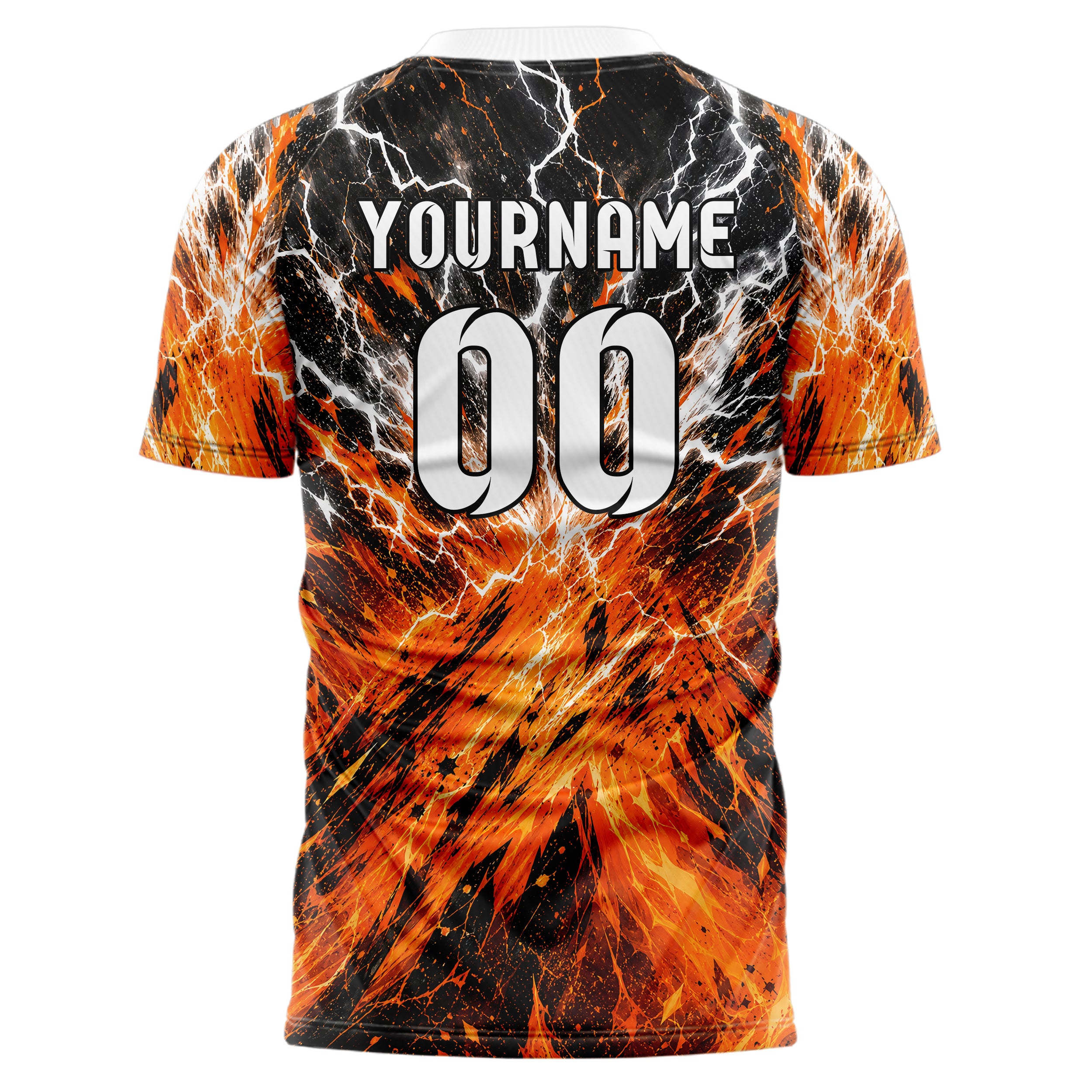 Orange lebendiges Flammen Blitz Feuer unten Electric oben Design 05-0010 individuelles Fußballtrikot front