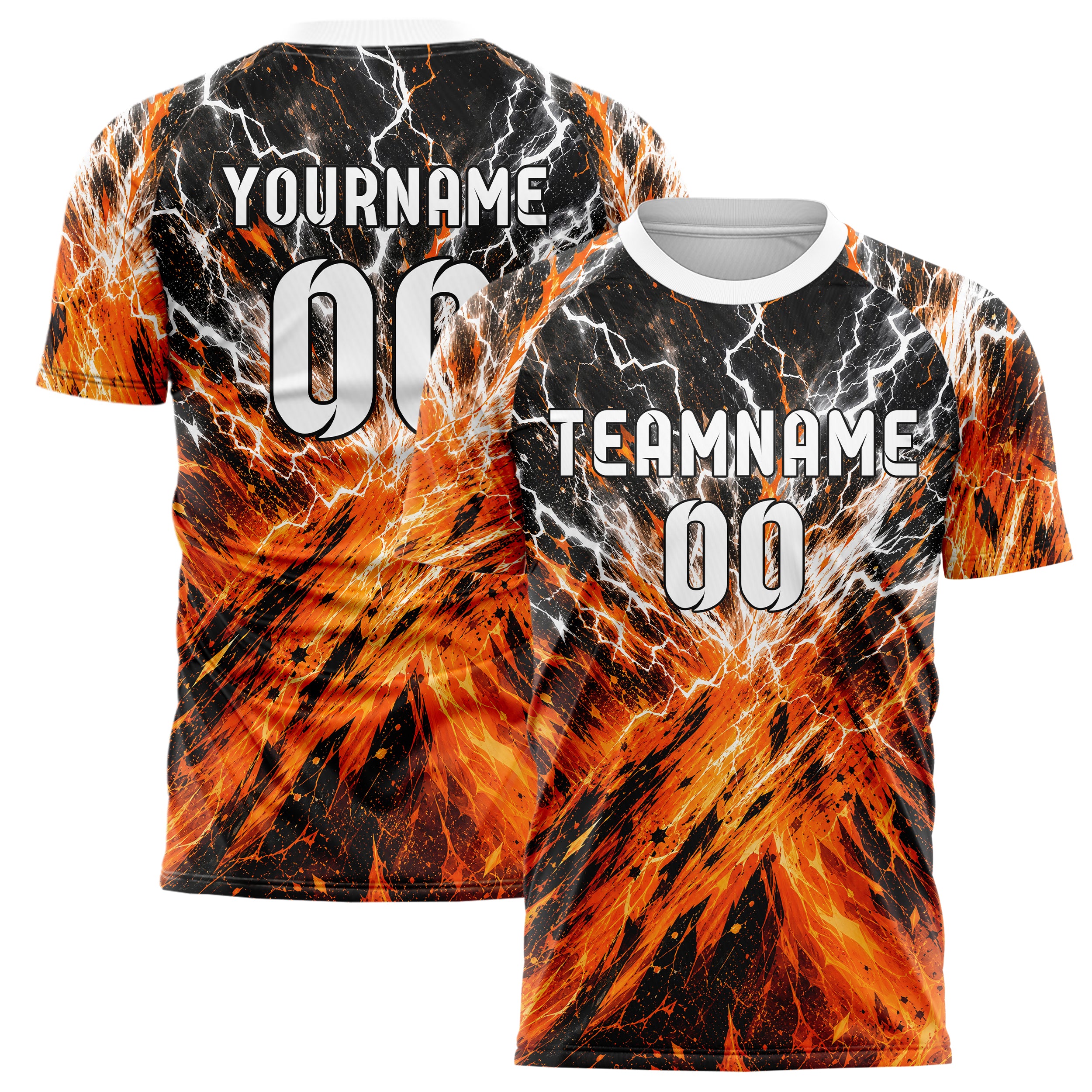 Orange lebendiges Flammen Blitz Feuer unten Electric oben Design 05-0010 individuelles Fußballtrikot main