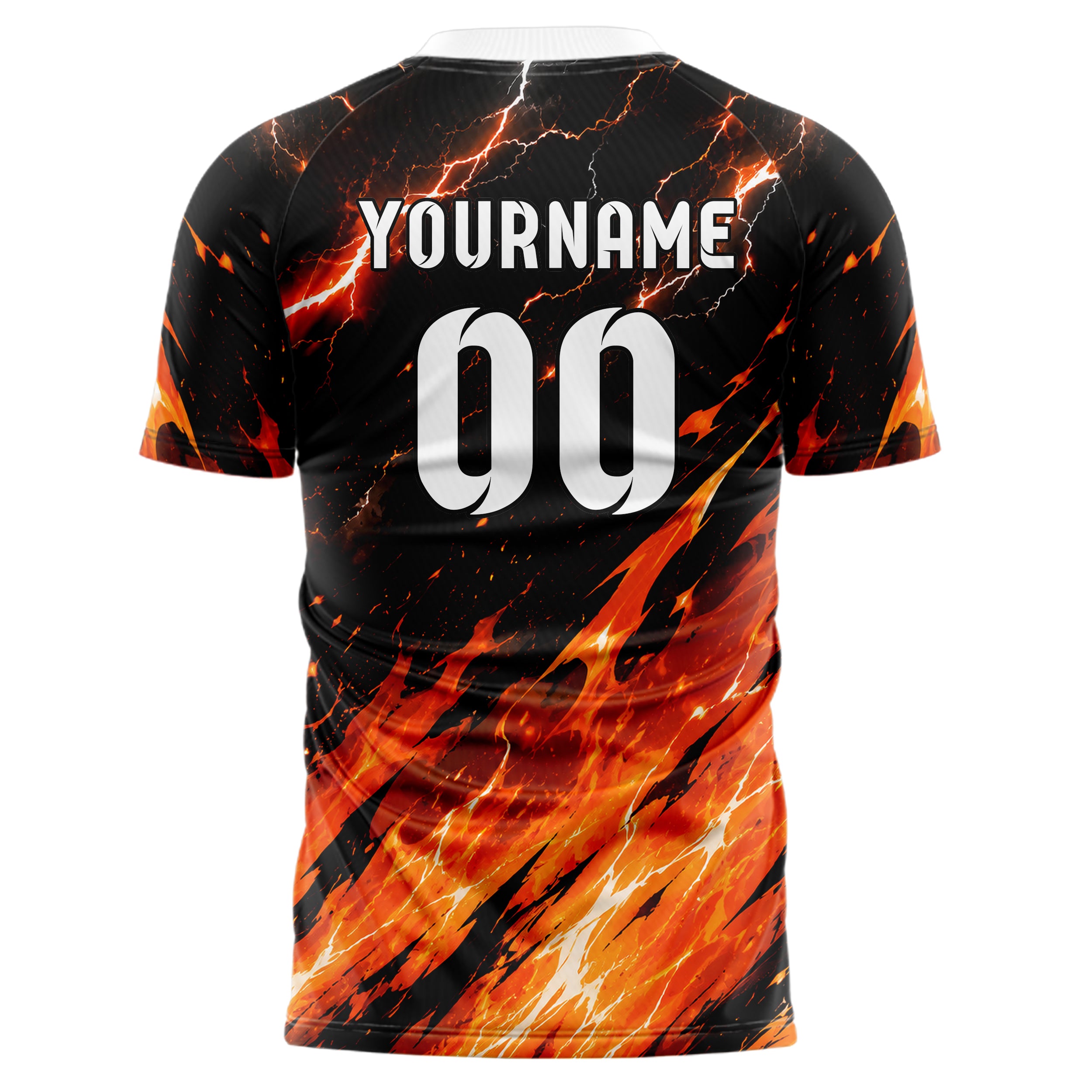 Orange lebendiges Flammen Blitz Feuer unten Electric oben Design 05-0040 individuelles Fußballtrikot front
