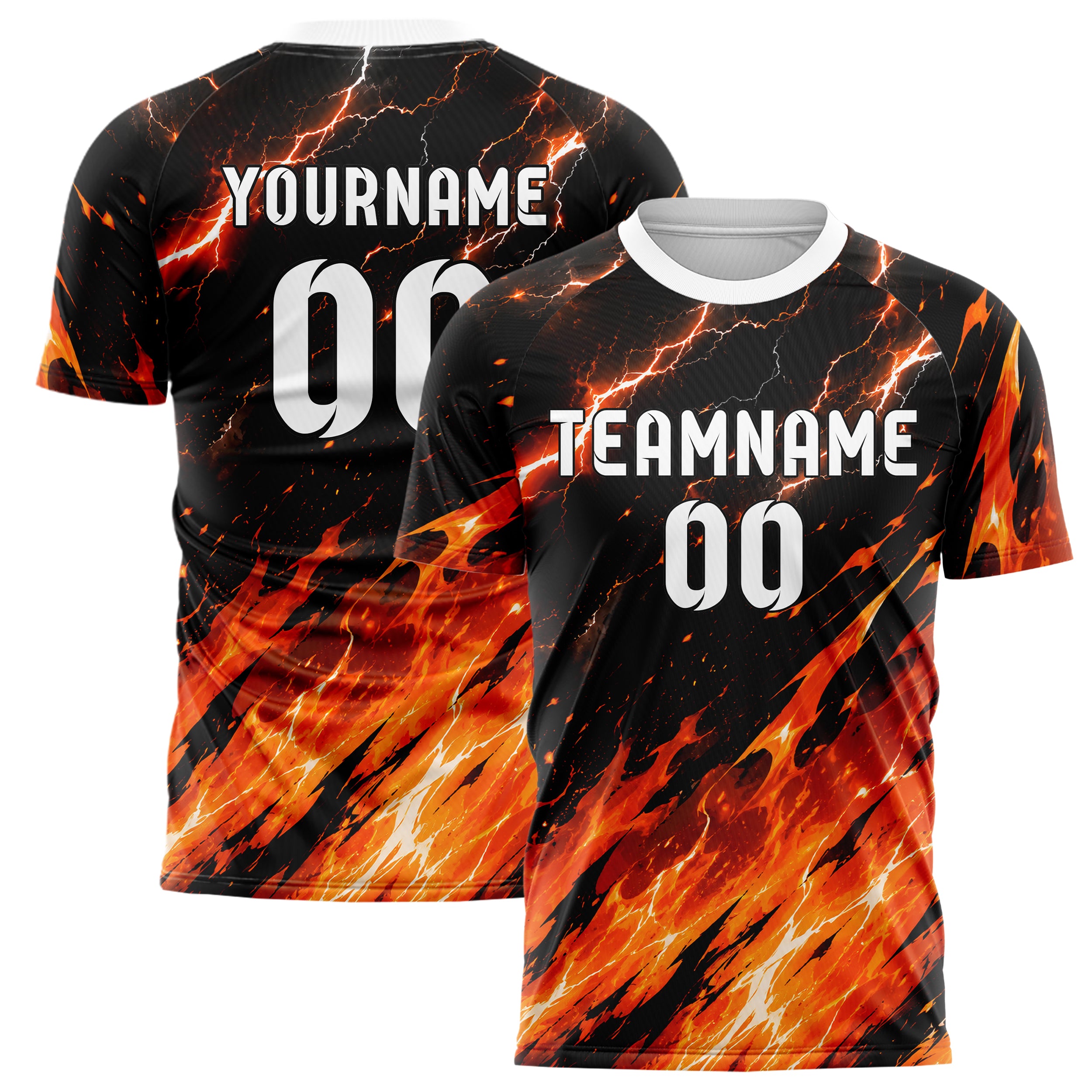 Orange lebendiges Flammen Blitz Feuer unten Electric oben Design 05-0040 individuelles Fußballtrikot main