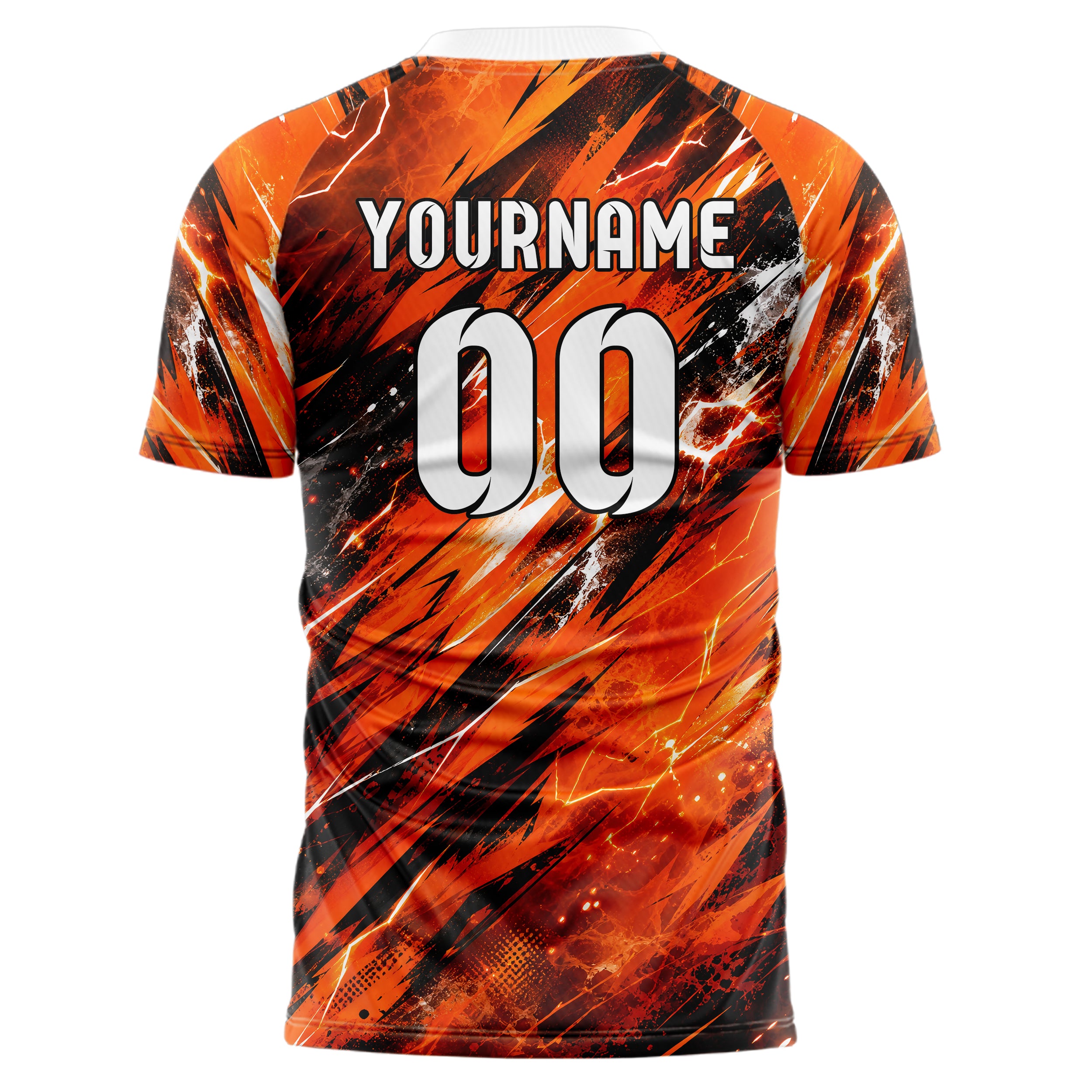 Orange lebendiges Flammen Blitz Jagged Energy Burst Design 05-0007 individuelles Fußballtrikot front