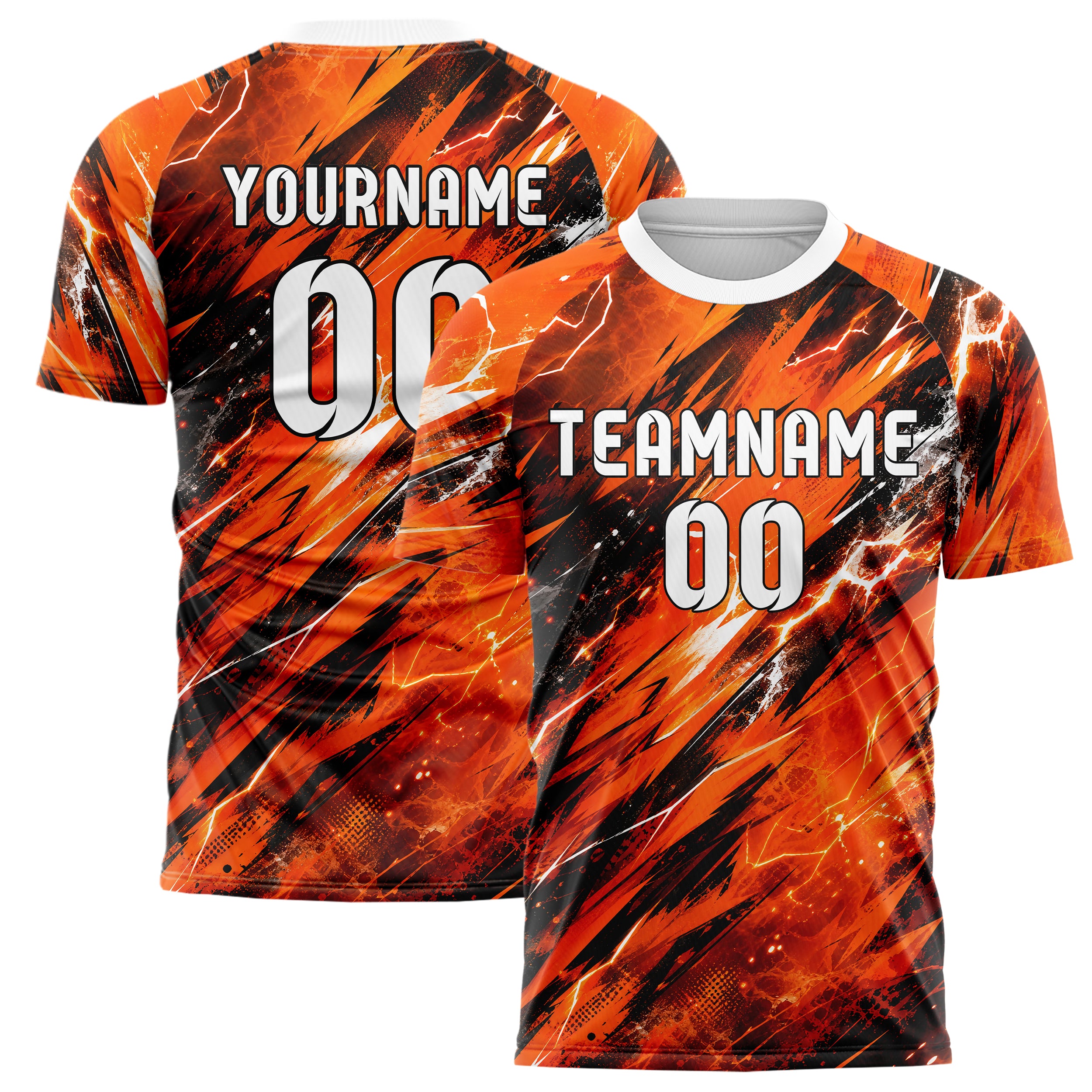 Orange lebendiges Flammen Blitz Jagged Energy Burst Design 05-0007 individuelles Fußballtrikot main