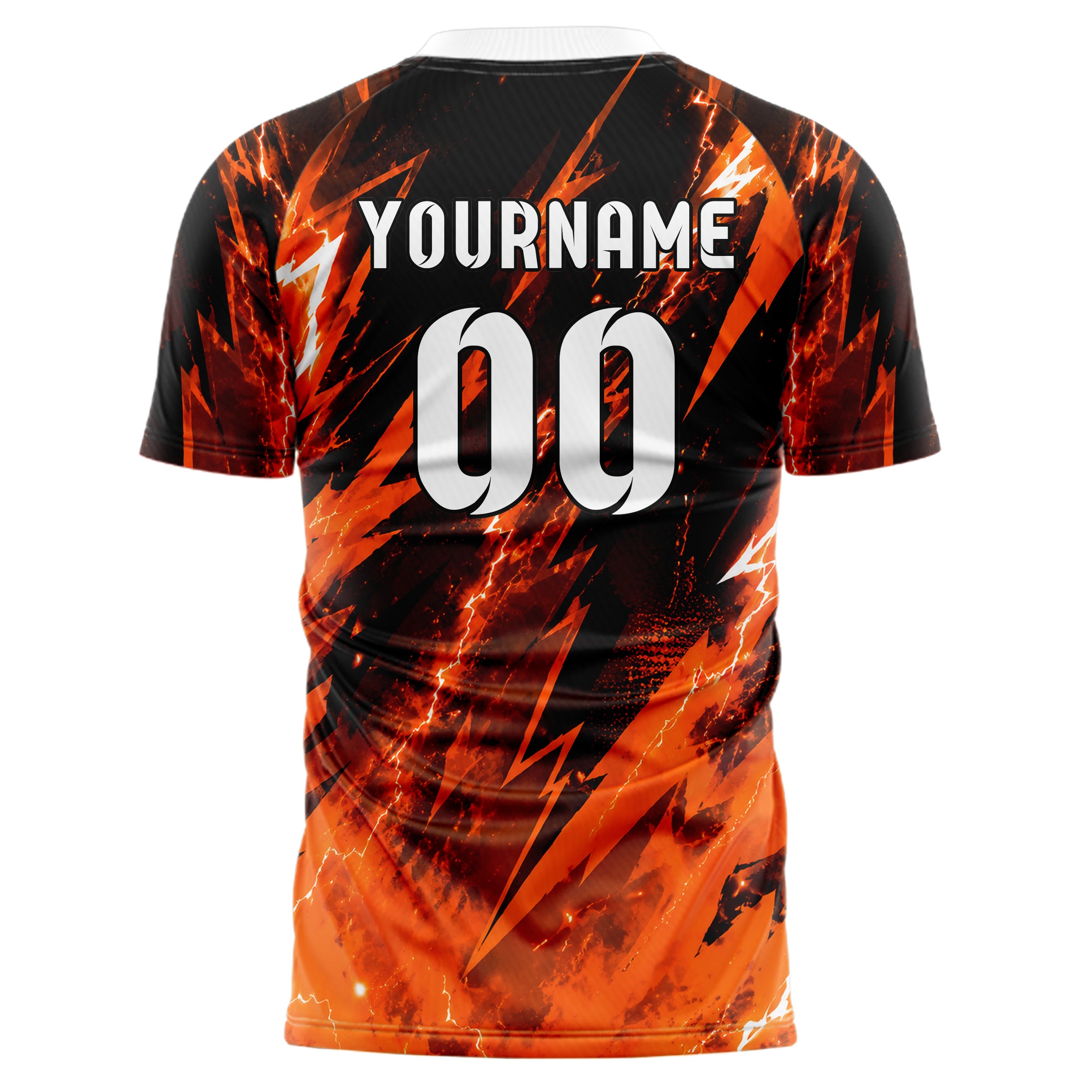 Orange lebendiges Flammen Blitz Jagged Energy Burst Design 05-0037 individuelles Fußballtrikot front