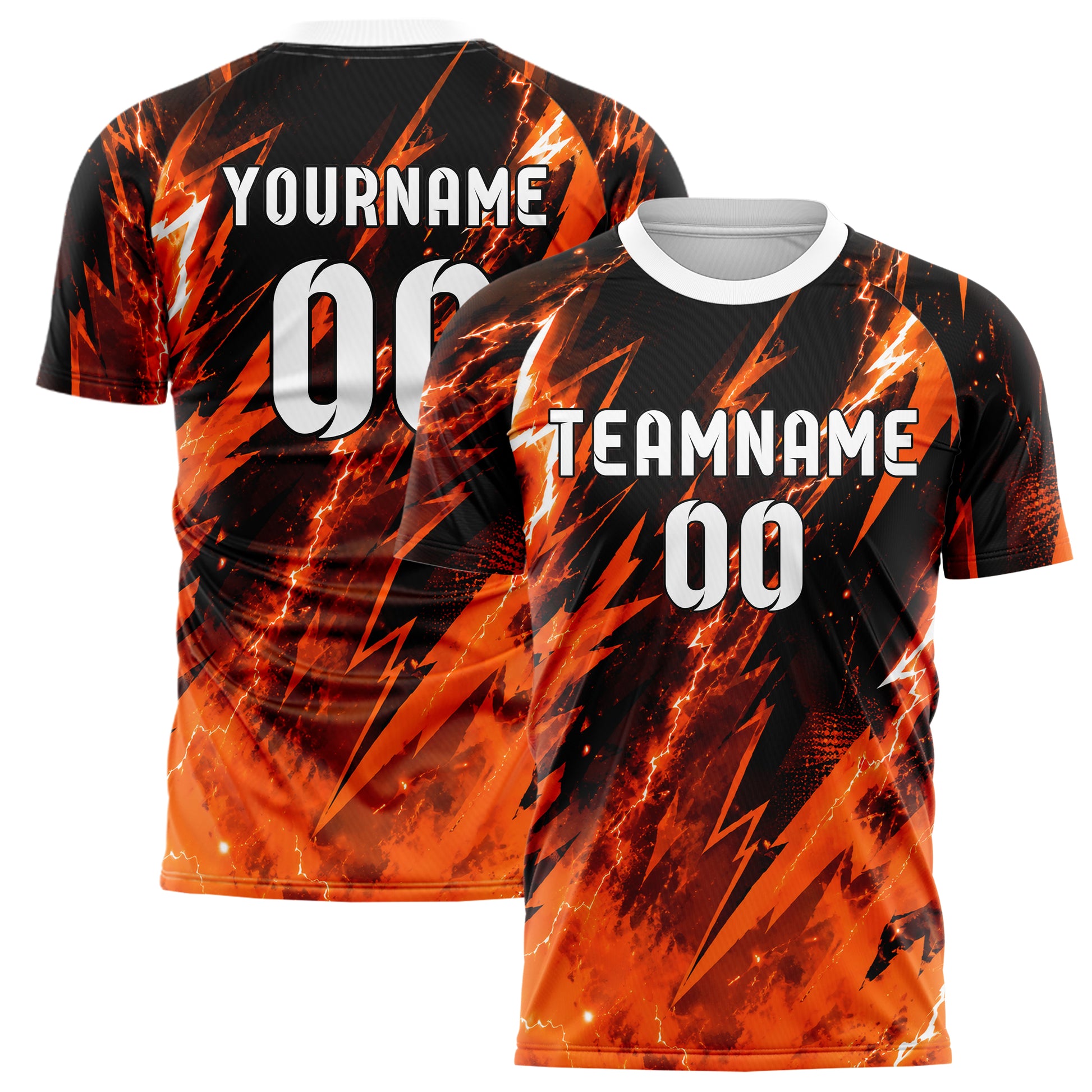 Orange lebendiges Flammen Blitz Jagged Energy Burst Design 05-0037 individuelles Fußballtrikot main