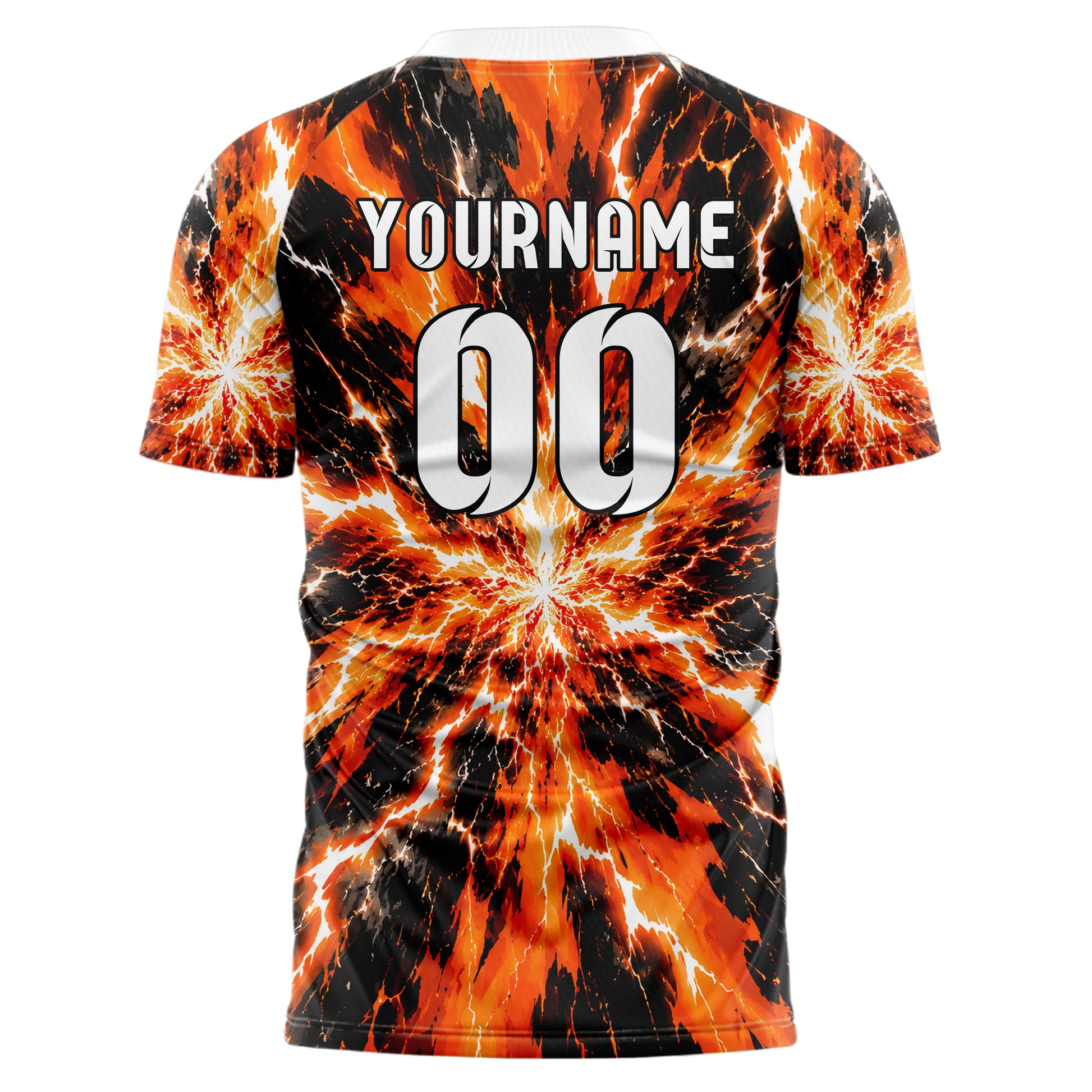 Orange lebendiges Flammen Blitz Jagged Energy Burst Design 05-0049 individuelles Fußballtrikot front