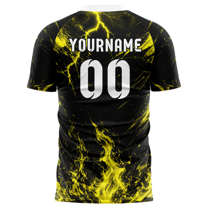 Schwarz neonfarbenes Flammen Blitz Feuer unten Electric oben Design 05-0028 individuelles Fußballtrikot front