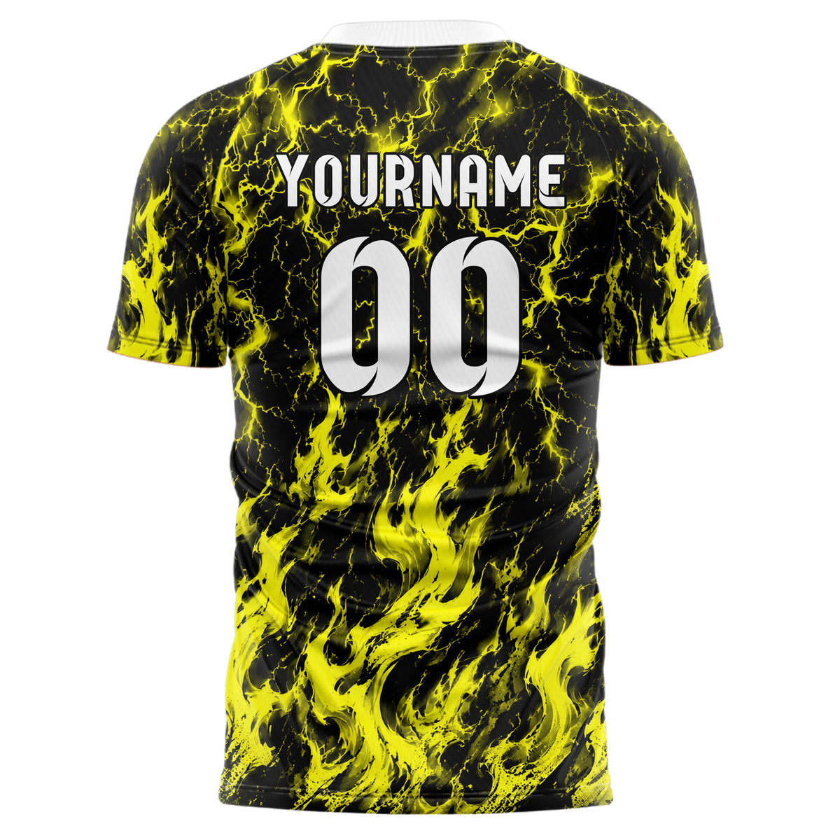 Schwarz neonfarbenes Flammen Blitz Feuer unten Electric oben Design 05-0070 individuelles Fußballtrikot front