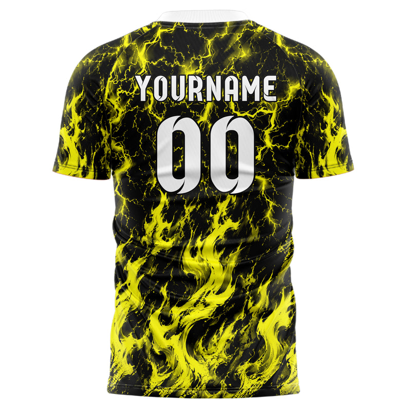 Schwarz neonfarbenes Flammen Blitz Feuer unten Electric oben Design 05-0070 individuelles Fußballtrikot front