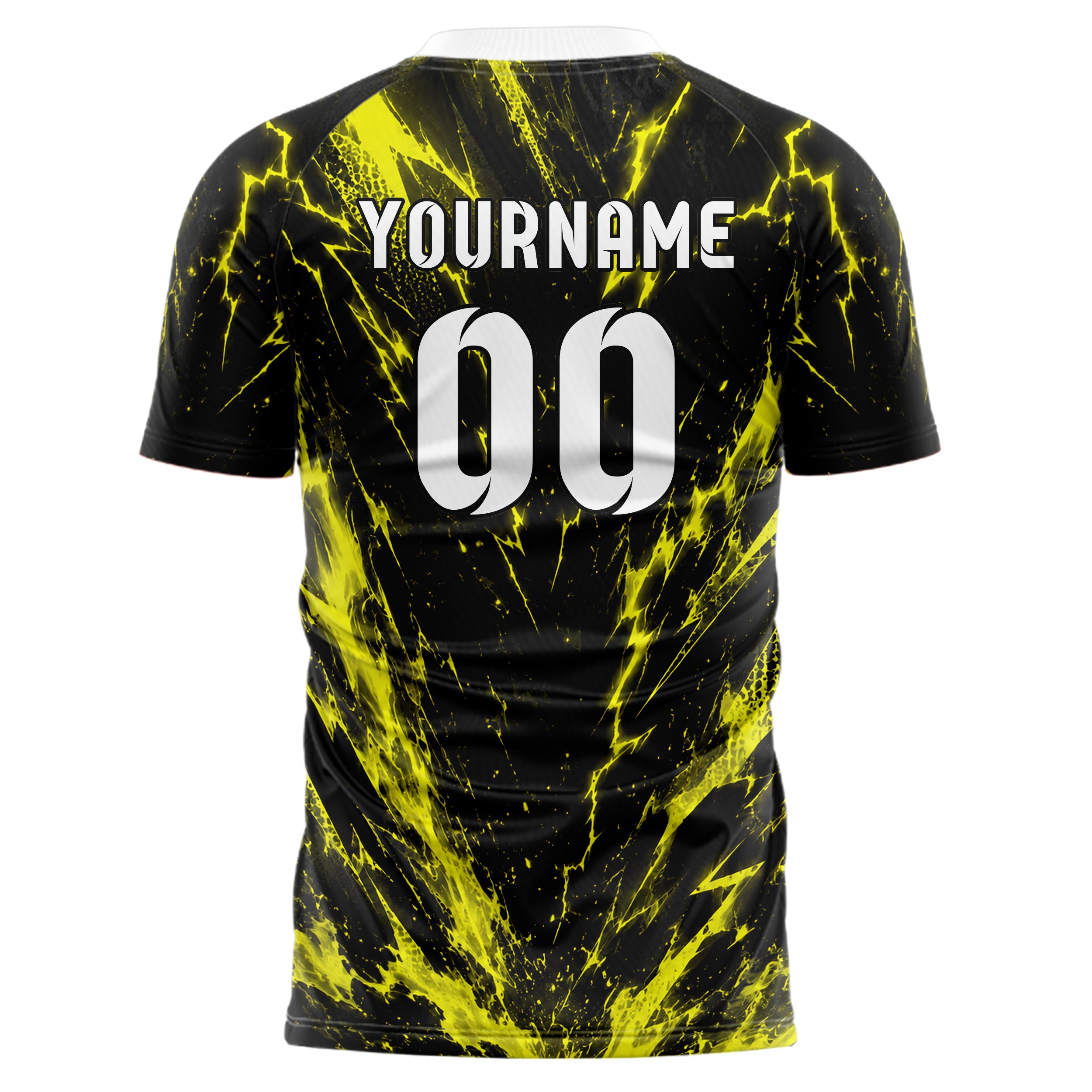 Schwarz neonfarbenes Flammen Blitz Jagged Energy Burst Design 05-0085 individuelles Fußballtrikot front