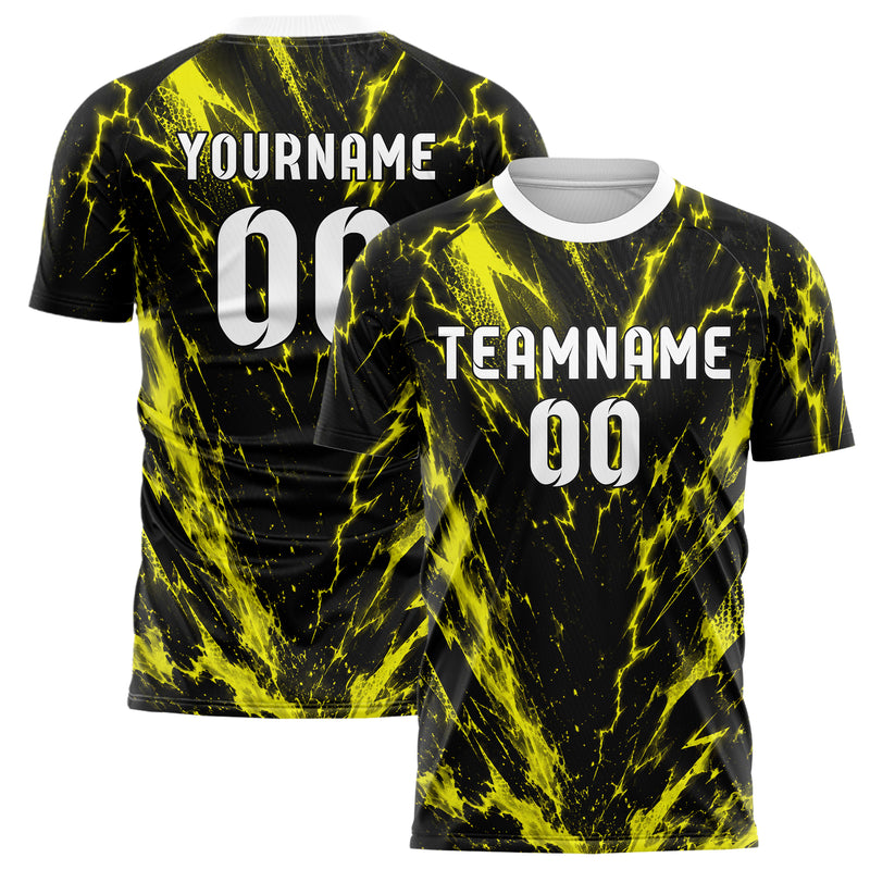 Schwarz neonfarbenes Flammen Blitz Jagged Energy Burst Design 05-0085 individuelles Fußballtrikot main