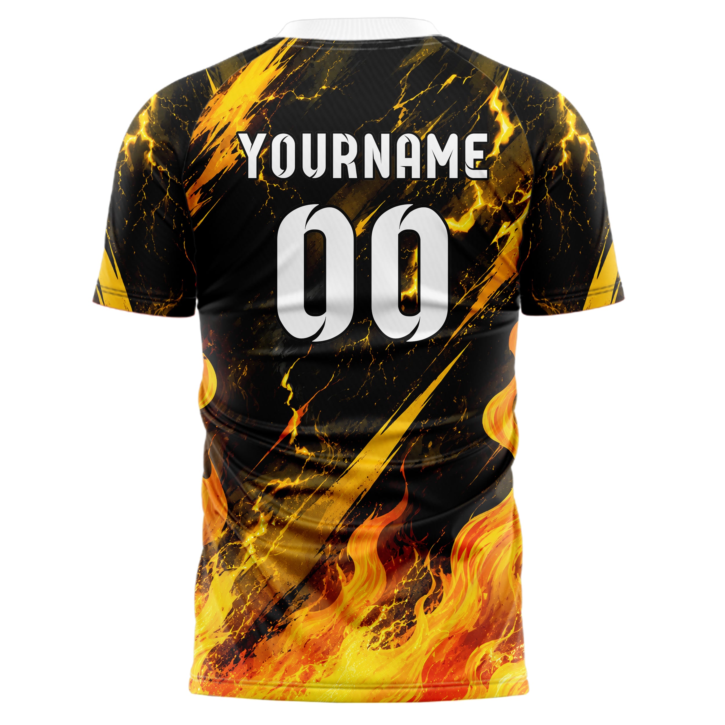 Gelb lebendiges Flammen Blitz aufsteigende Flammen Design 05-0027 individuelles Fußballtrikot front