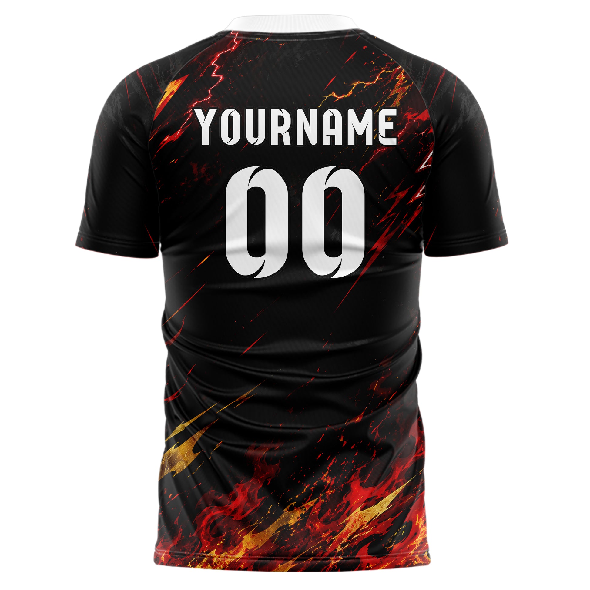 Schwarz dunkles Flammen Blitz Feuer unten Electric oben Design 05-0076 individuelles Fußballtrikot front