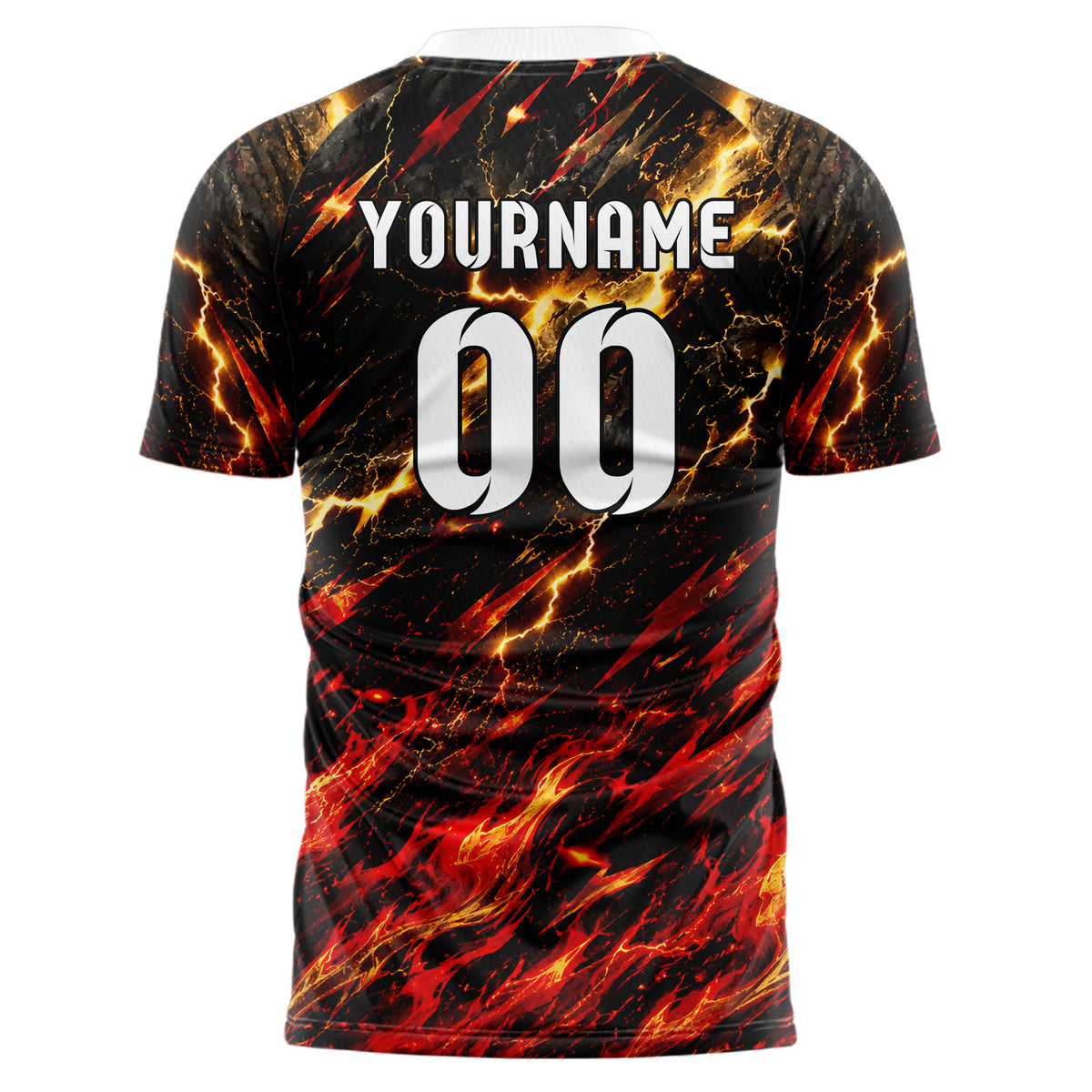 Schwarz dunkles Flammen Blitz Feuer unten Electric oben Design 05-0088 individuelles Fußballtrikot front