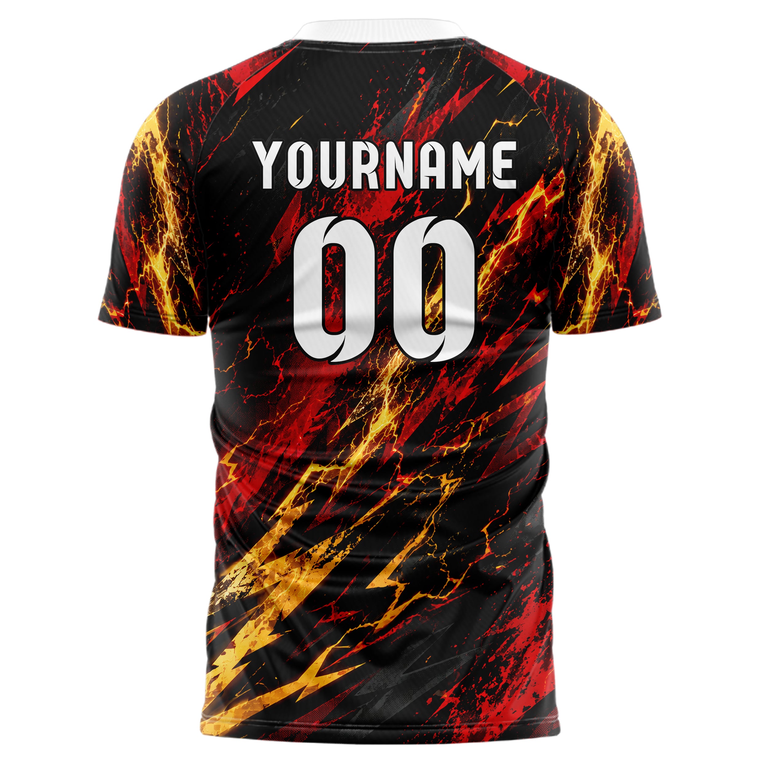 Schwarz dunkles Flammen Blitz Jagged Energy Burst Design 05-0025 individuelles Fußballtrikot front