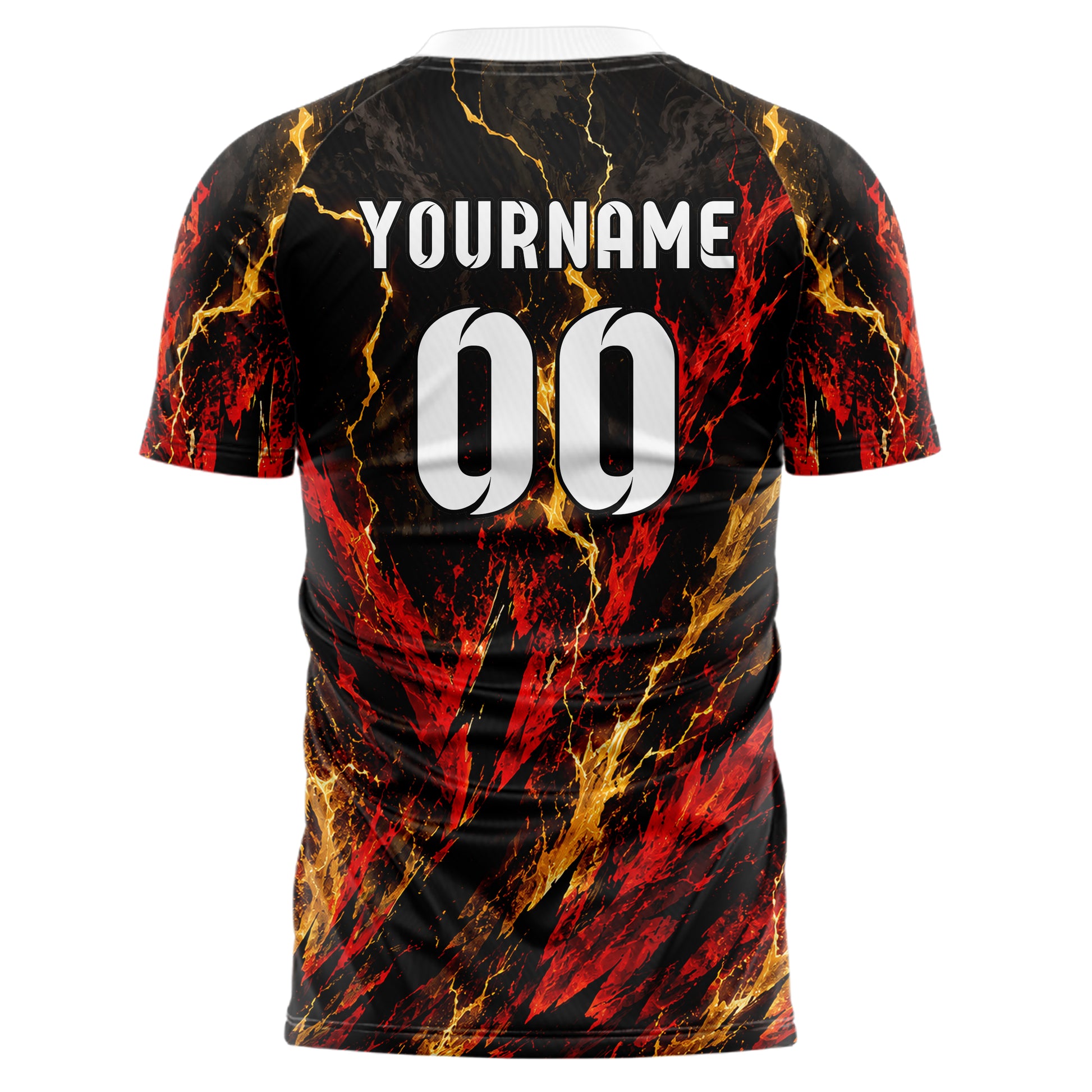 Schwarz dunkles Flammen Blitz Jagged Energy Burst Design 05-0043 individuelles Fußballtrikot front