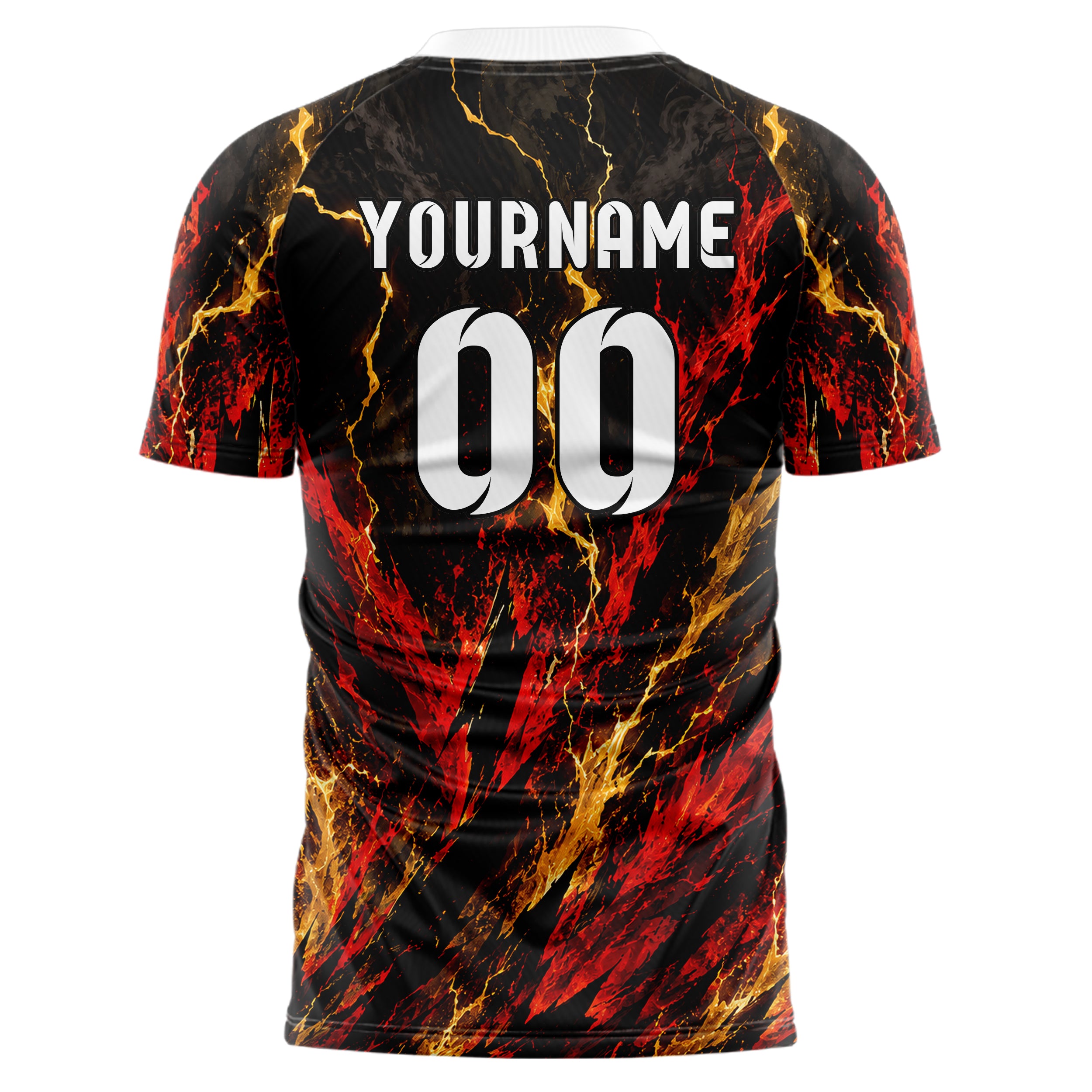Schwarz dunkles Flammen Blitz Jagged Energy Burst Design 05-0043 individuelles Fußballtrikot front