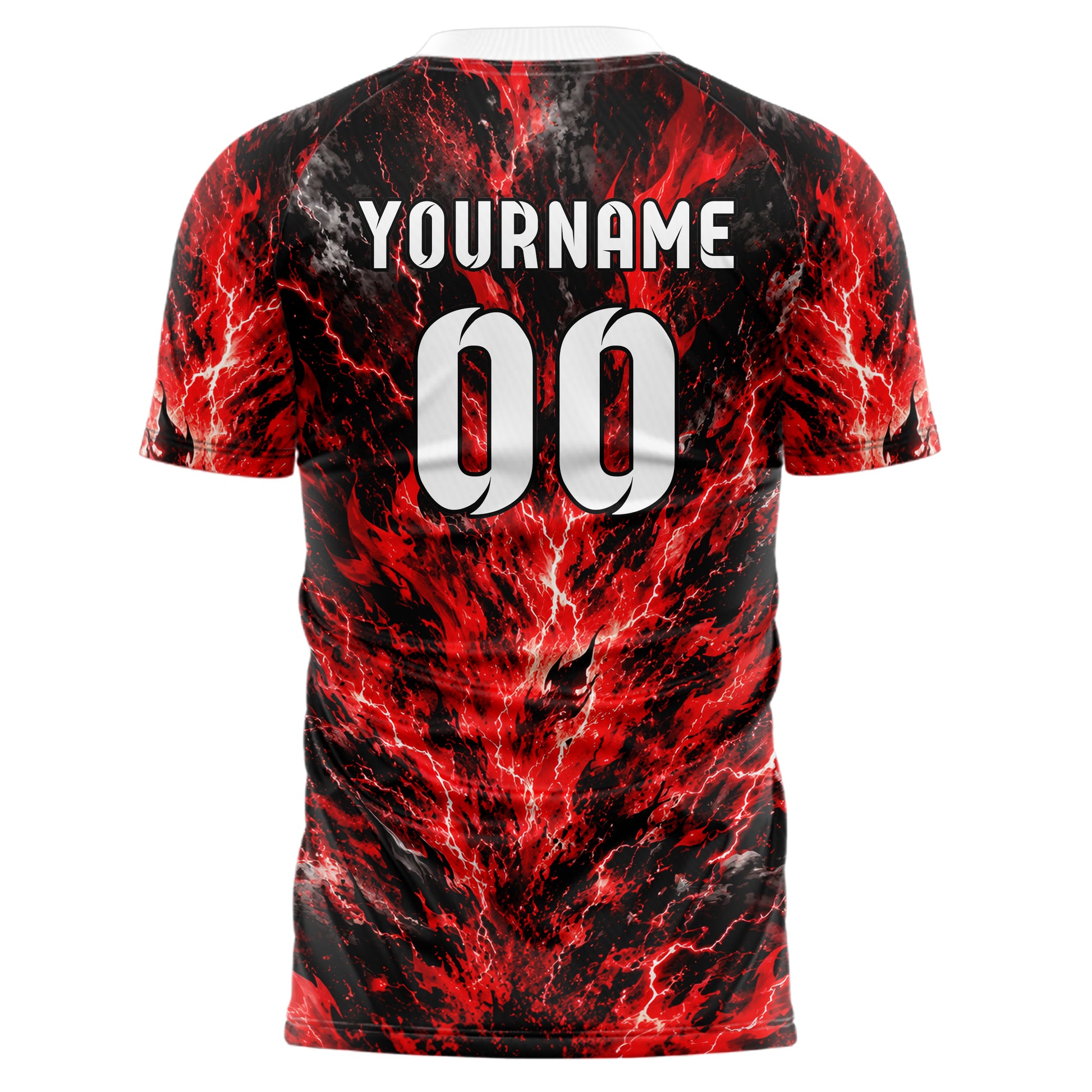 Rot lebendiges Flammen Blitz aufsteigende Flammen Design 05-0051 individuelles Fußballtrikot front