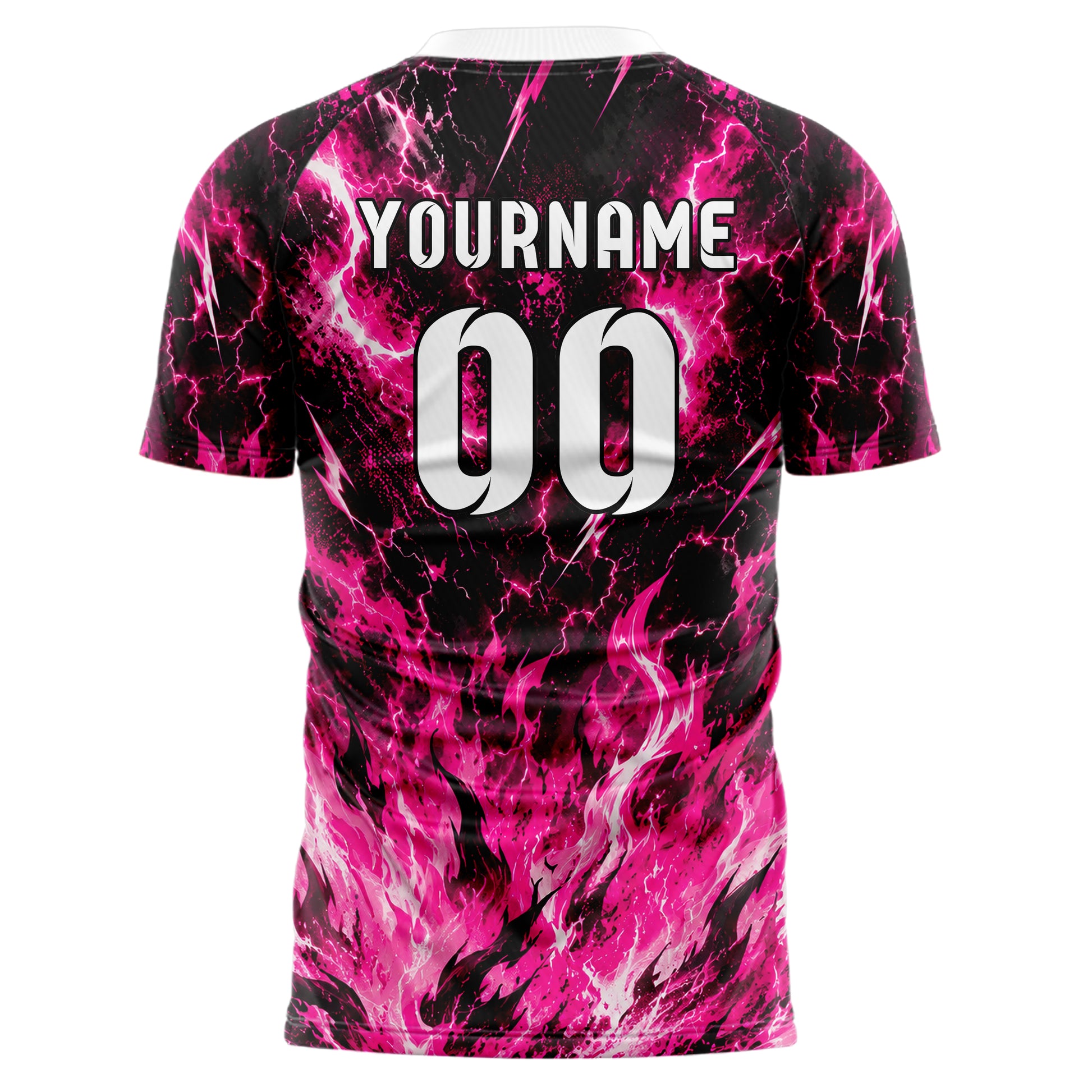 Hot Pink lebendiges Flammen Blitz Feuer unten Electric oben Design 05-0034 individuelles Fußballtrikot front