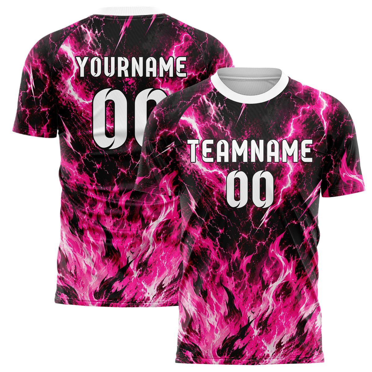 Hot Pink lebendiges Flammen Blitz Feuer unten Electric oben Design 05-0034 individuelles Fußballtrikot main