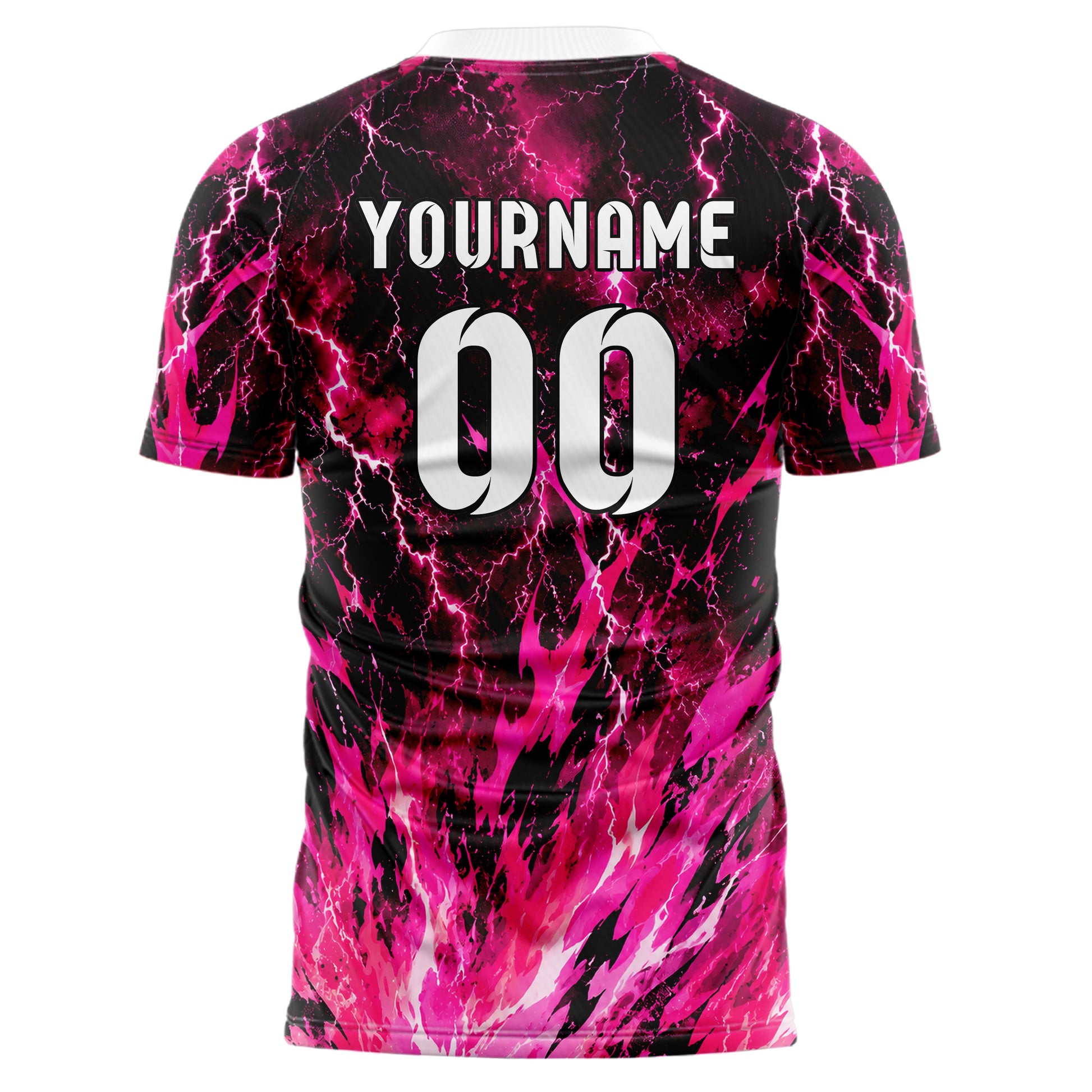 Hot Pink lebendiges Flammen Blitz Feuer unten Electric oben Design 05-0082 individuelles Fußballtrikot front