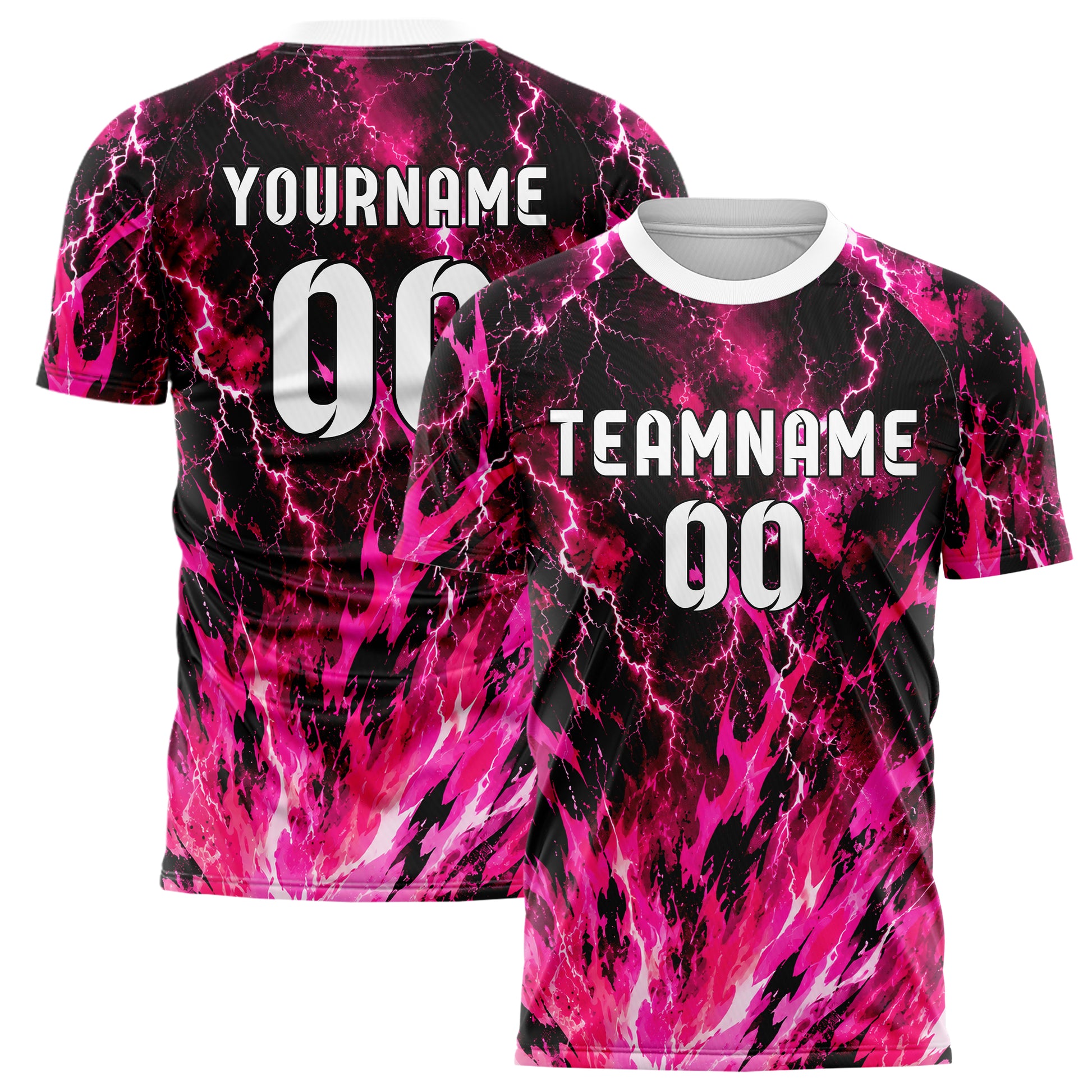 Hot Pink lebendiges Flammen Blitz Feuer unten Electric oben Design 05-0082 individuelles Fußballtrikot main