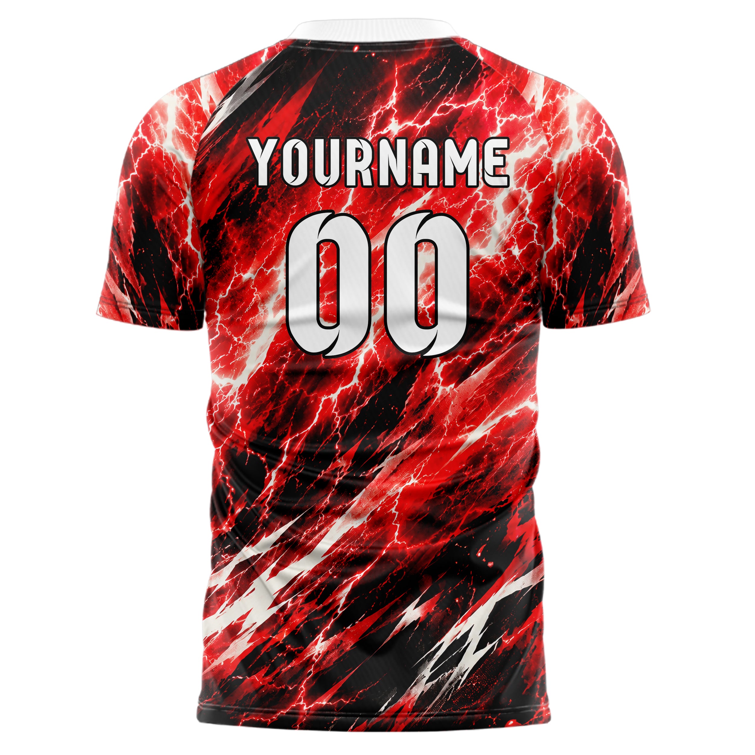 Rot lebendiges Flammen Blitz Lightning Cracks Design 05-0089 individuelles Fußballtrikot front