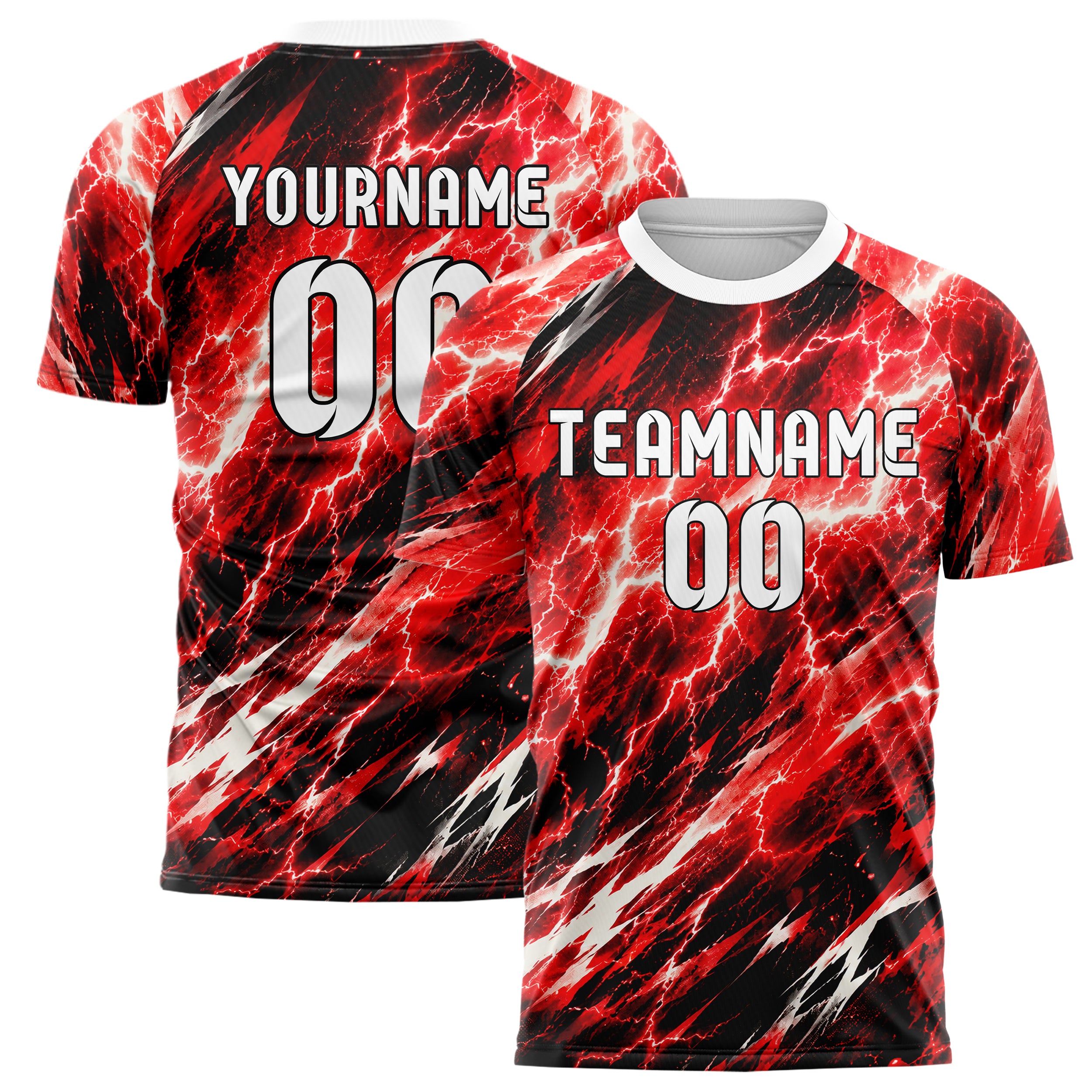 Rot lebendiges Flammen Blitz Lightning Cracks Design 05-0089 individuelles Fußballtrikot main