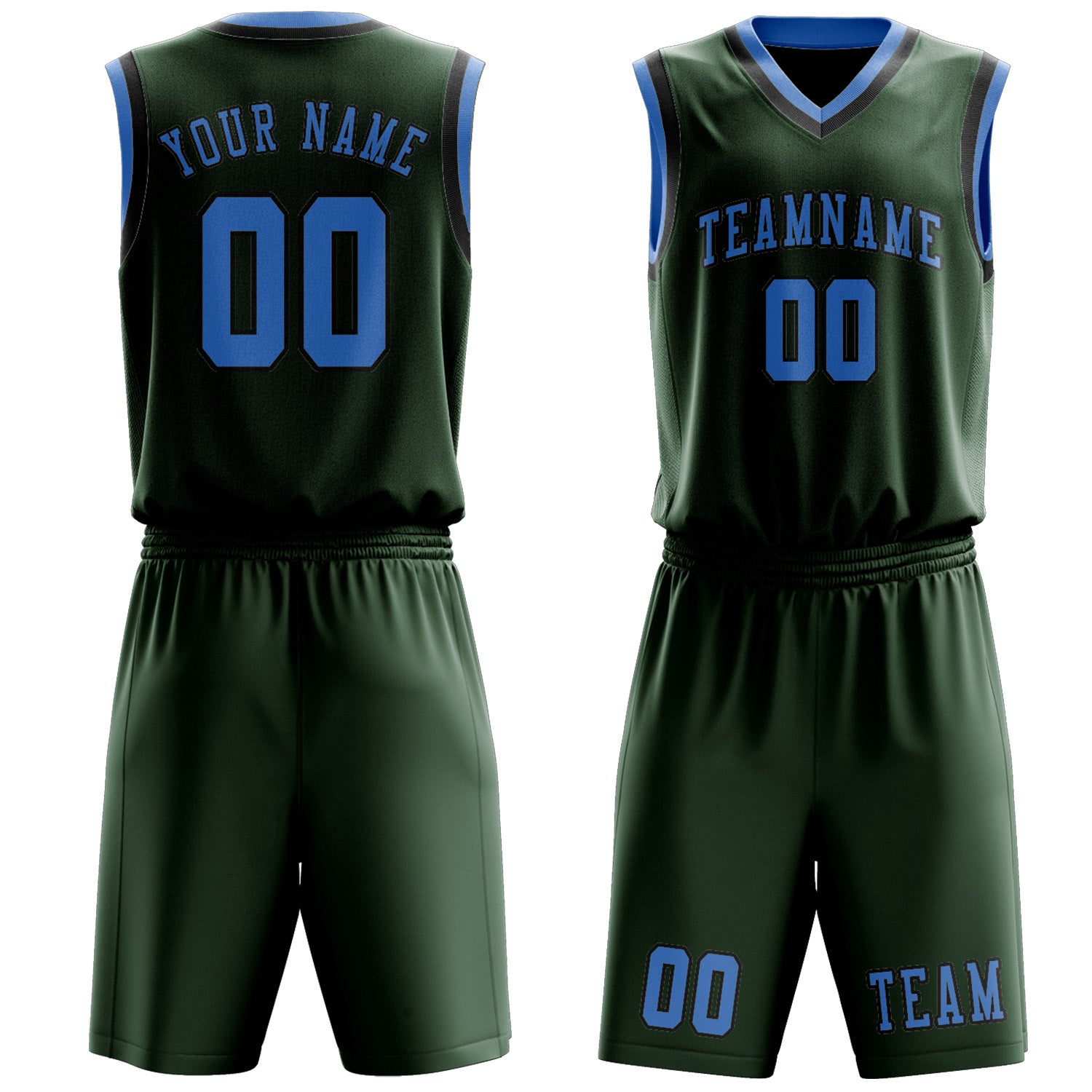 Benutzerdefiniertes Professionelles Tannengrün Hellblau Basketballtrikot-Set