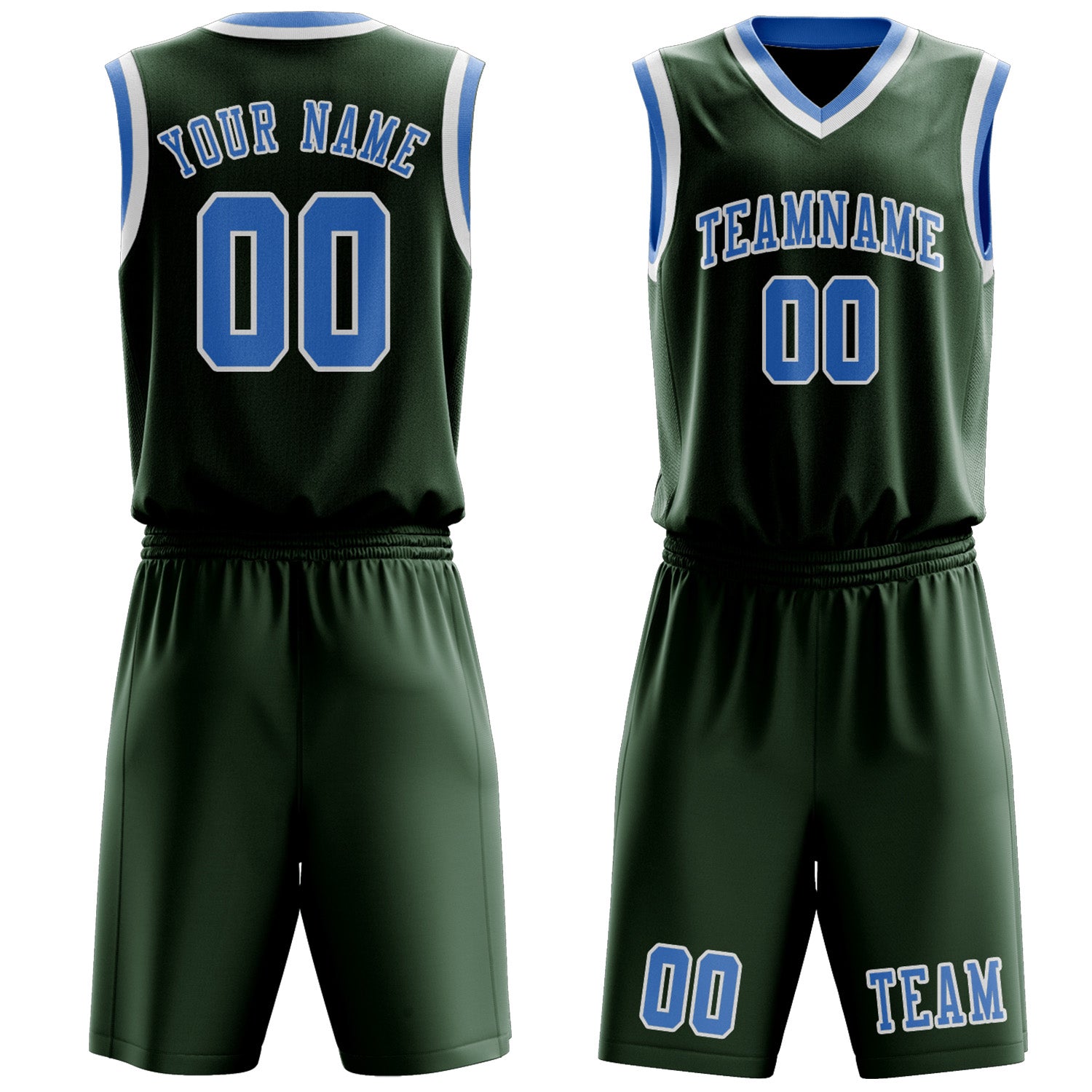 Benutzerdefiniertes Professionelles Tannengrün Hellblau Basketballtrikot-Set