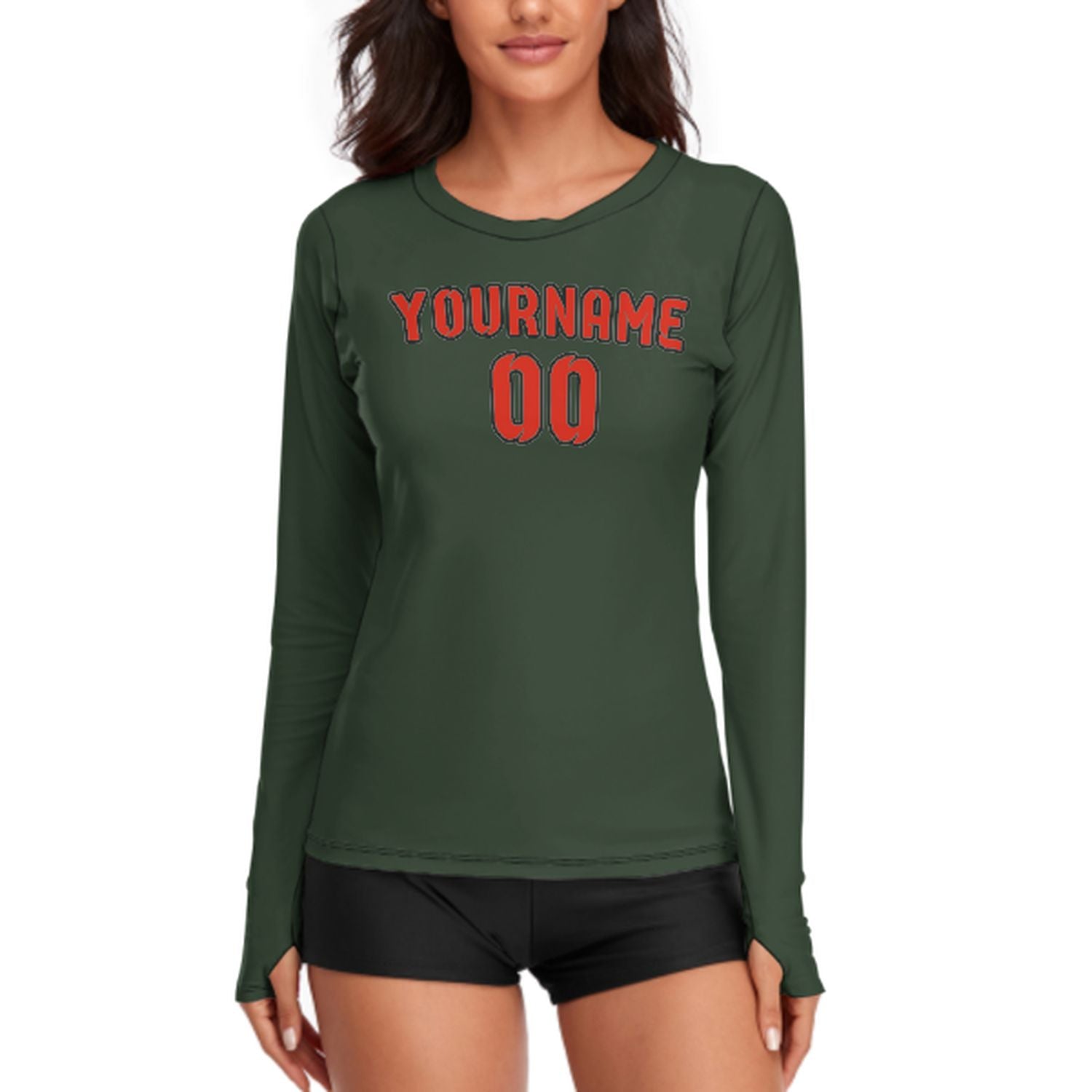 Maßgeschneidertes Tannengrün Orangerot Damen Langarmshirt