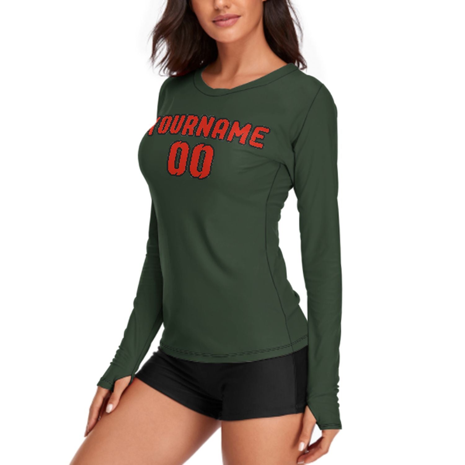 Maßgeschneidertes Tannengrün Orangerot Damen Langarmshirt