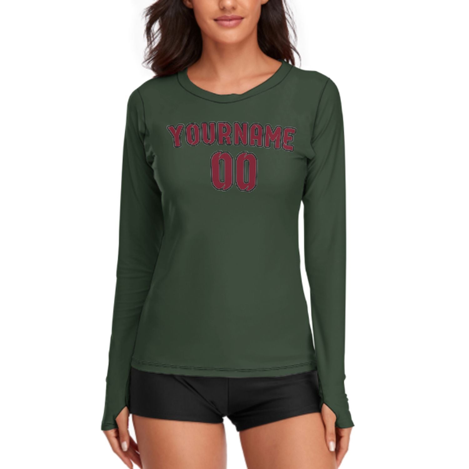 Maßgeschneidertes Tannengrün Karmesinrot Damen Langarmshirt