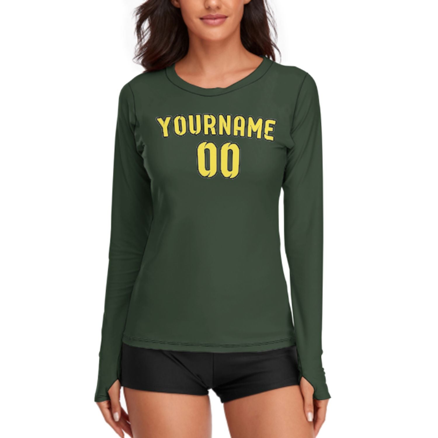 Maßgeschneidertes Tannengrün Blassgelb Damen Langarmshirt