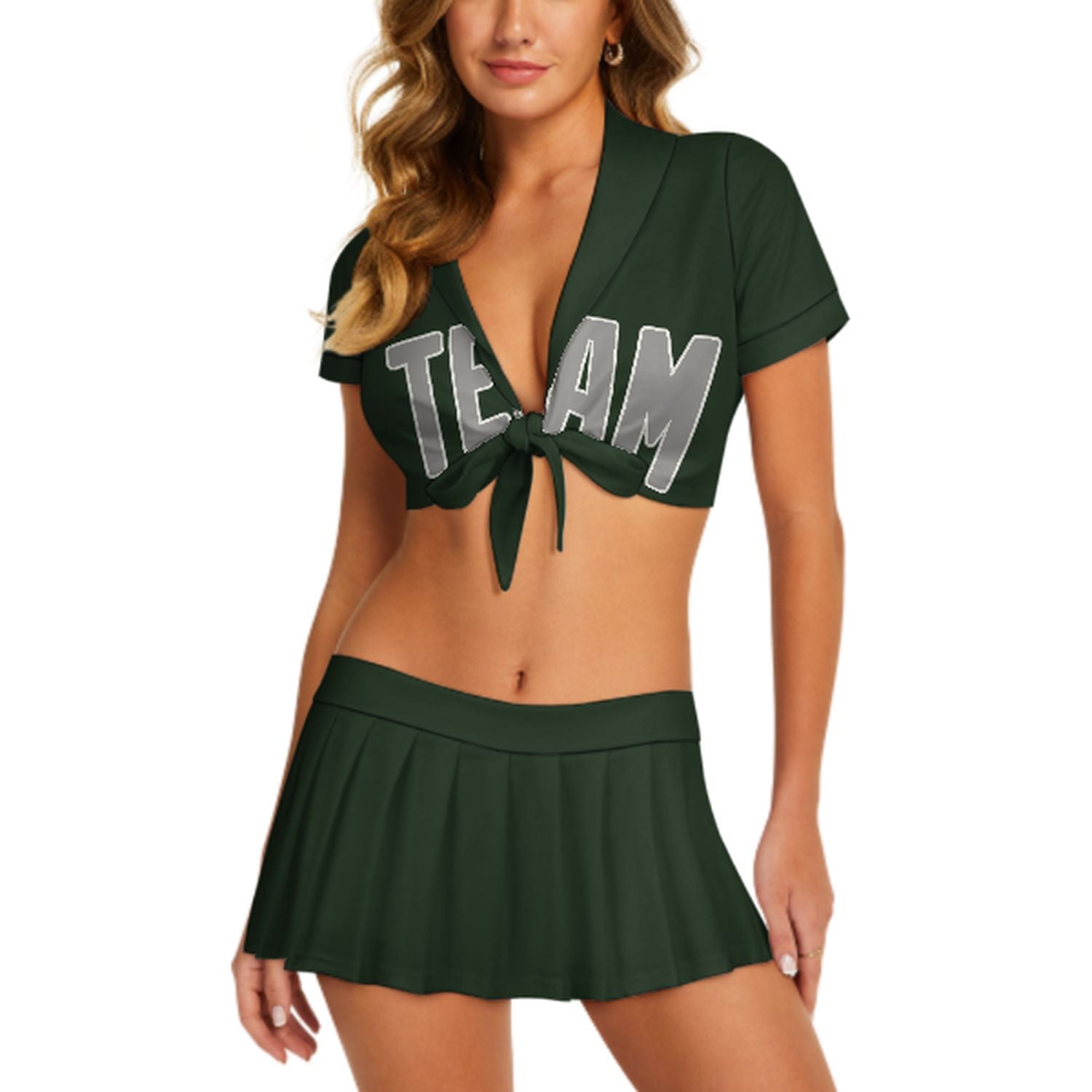 Maßgeschneidertes Tannengrün Grau Cheerleader Outfit Set