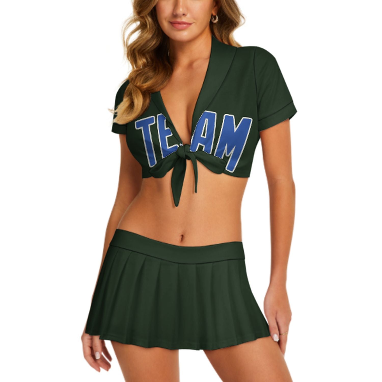 Maßgeschneidertes Tannengrün Himmelblau Cheerleader Outfit Set