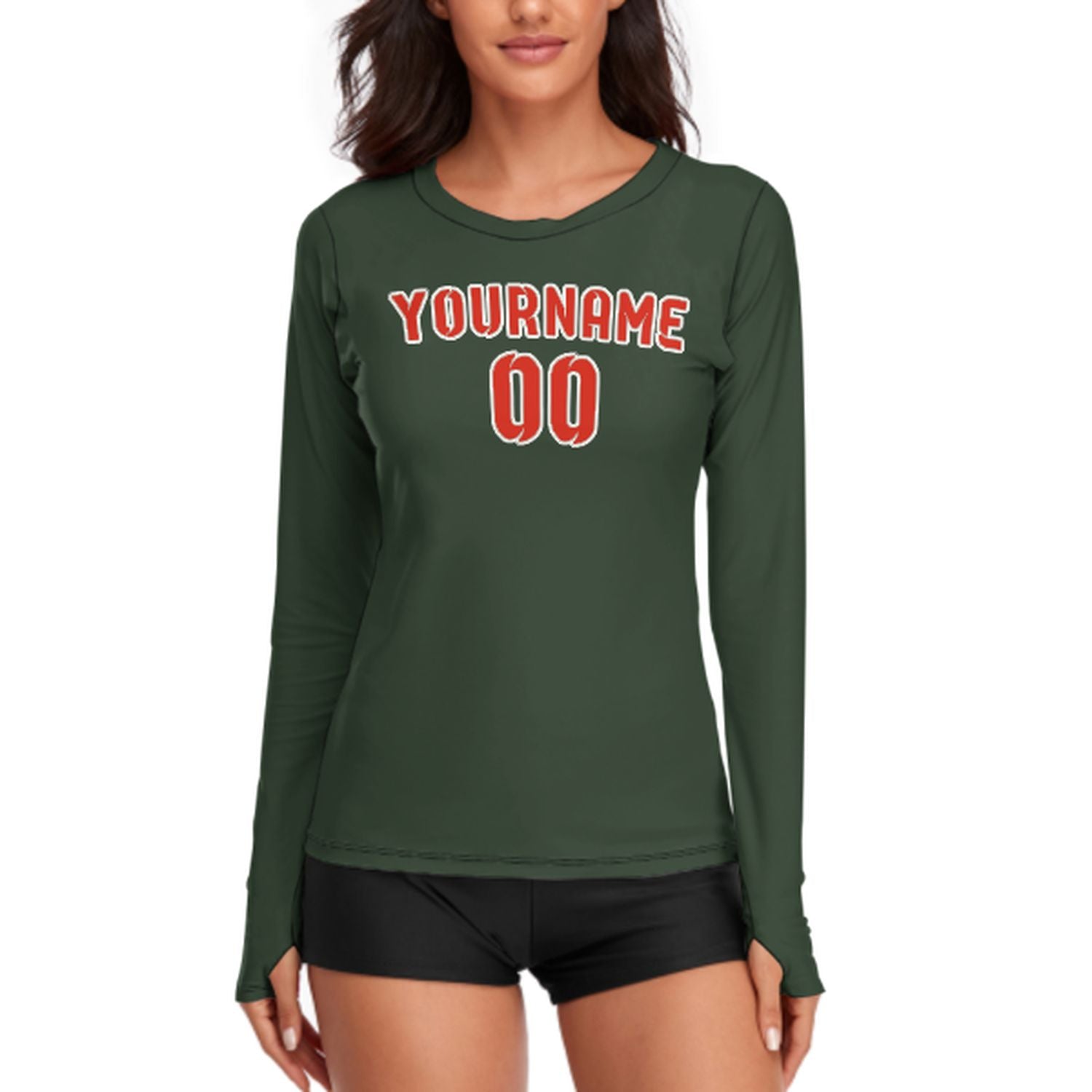 Maßgeschneidertes Tannengrün Orangerot Damen Langarmshirt