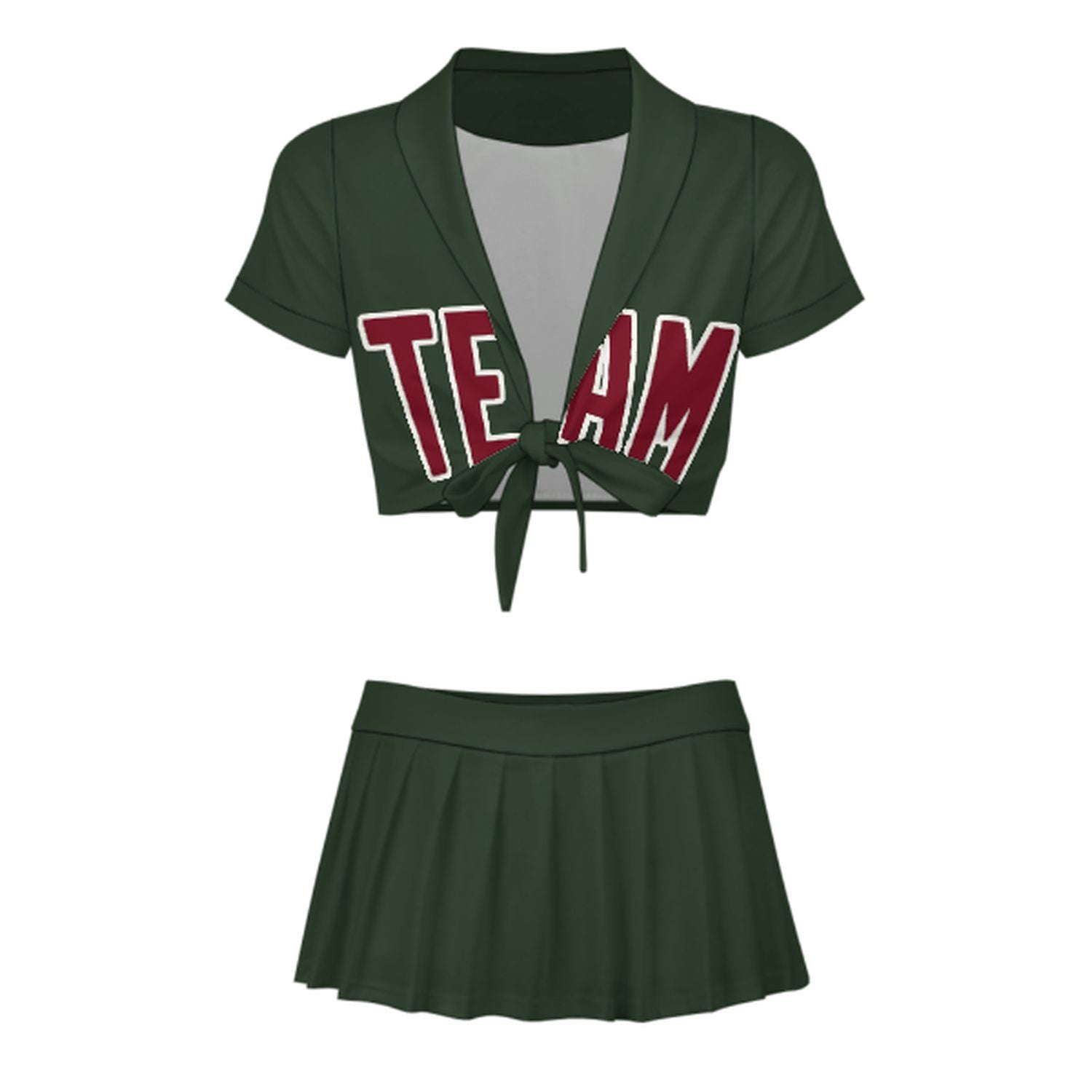 Maßgeschneidertes Tannengrün Karmesinrot Cheerleader Outfit Set