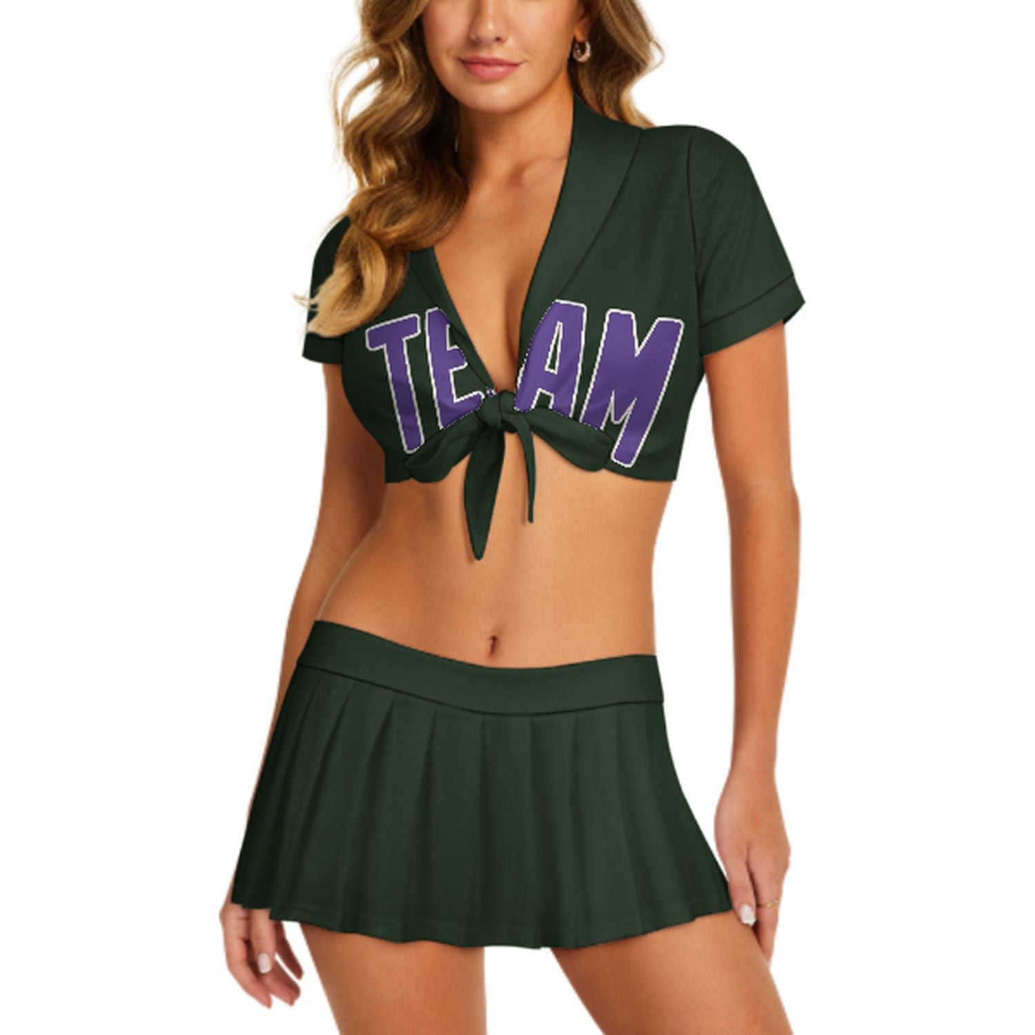 Maßgeschneidertes Tannengrün Lavendel Cheerleader Outfit Set