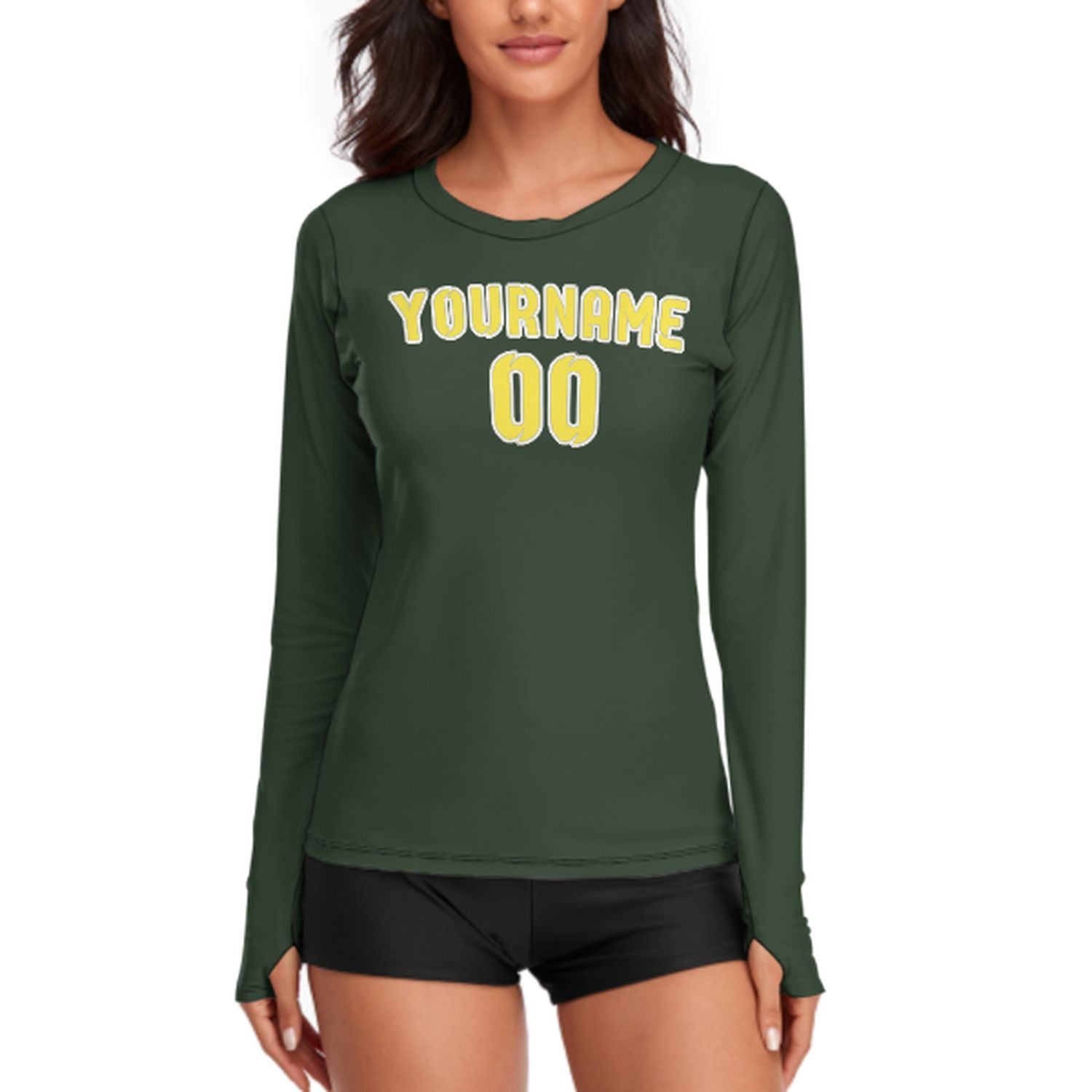 Maßgeschneidertes Tannengrün Blassgelb Damen Langarmshirt