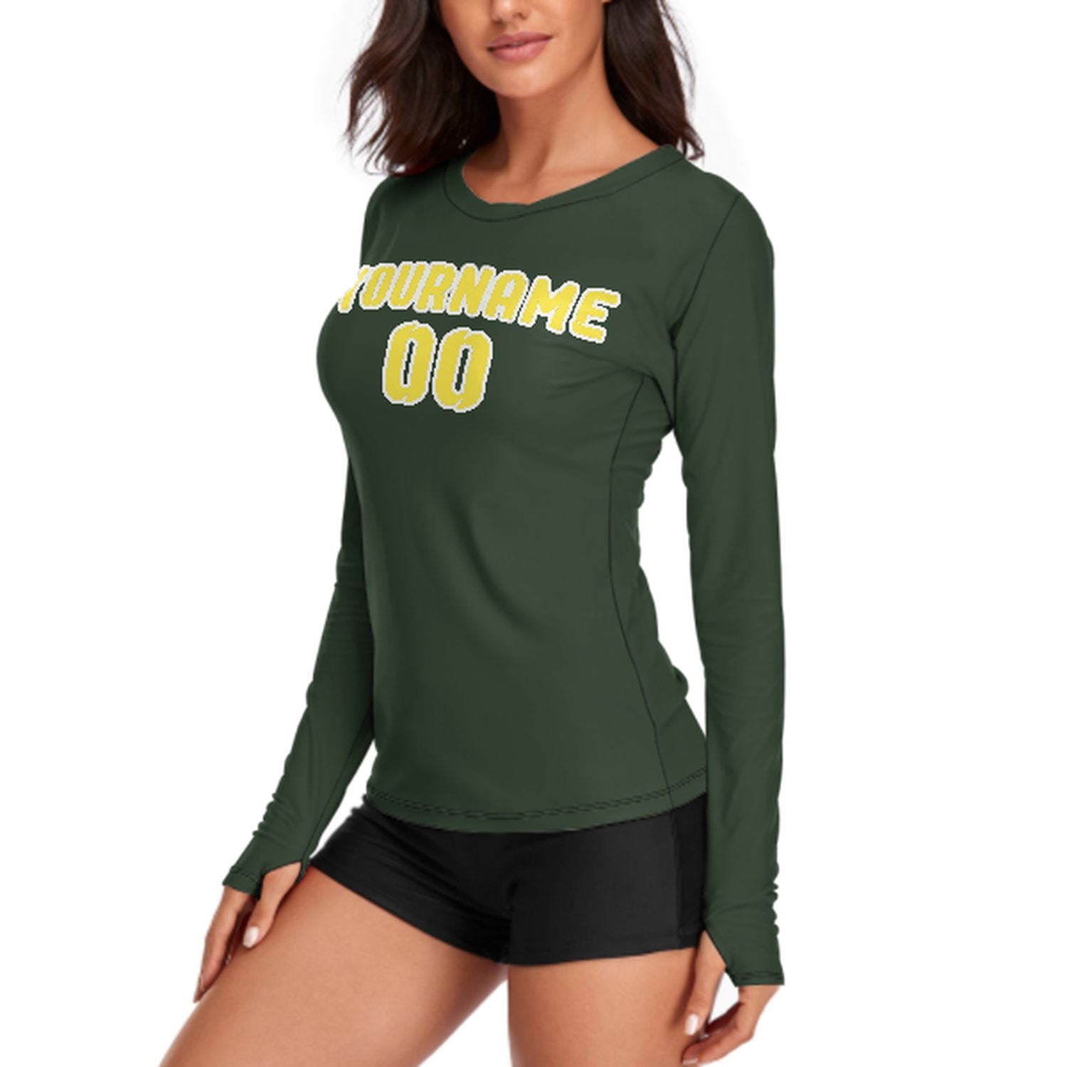 Maßgeschneidertes Tannengrün Blassgelb Damen Langarmshirt