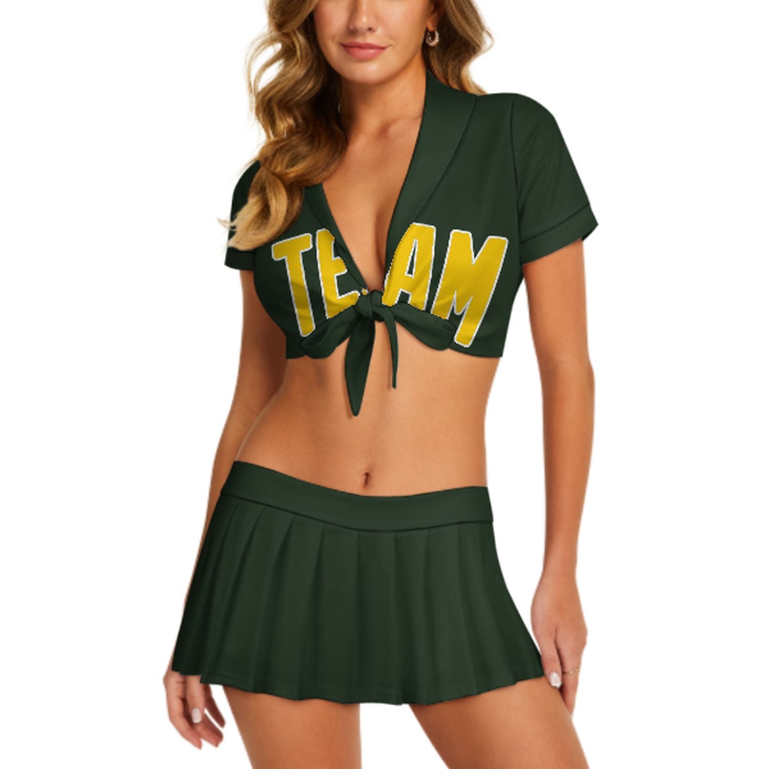 Maßgeschneidertes Tannengrün Gold Cheerleader Outfit Set