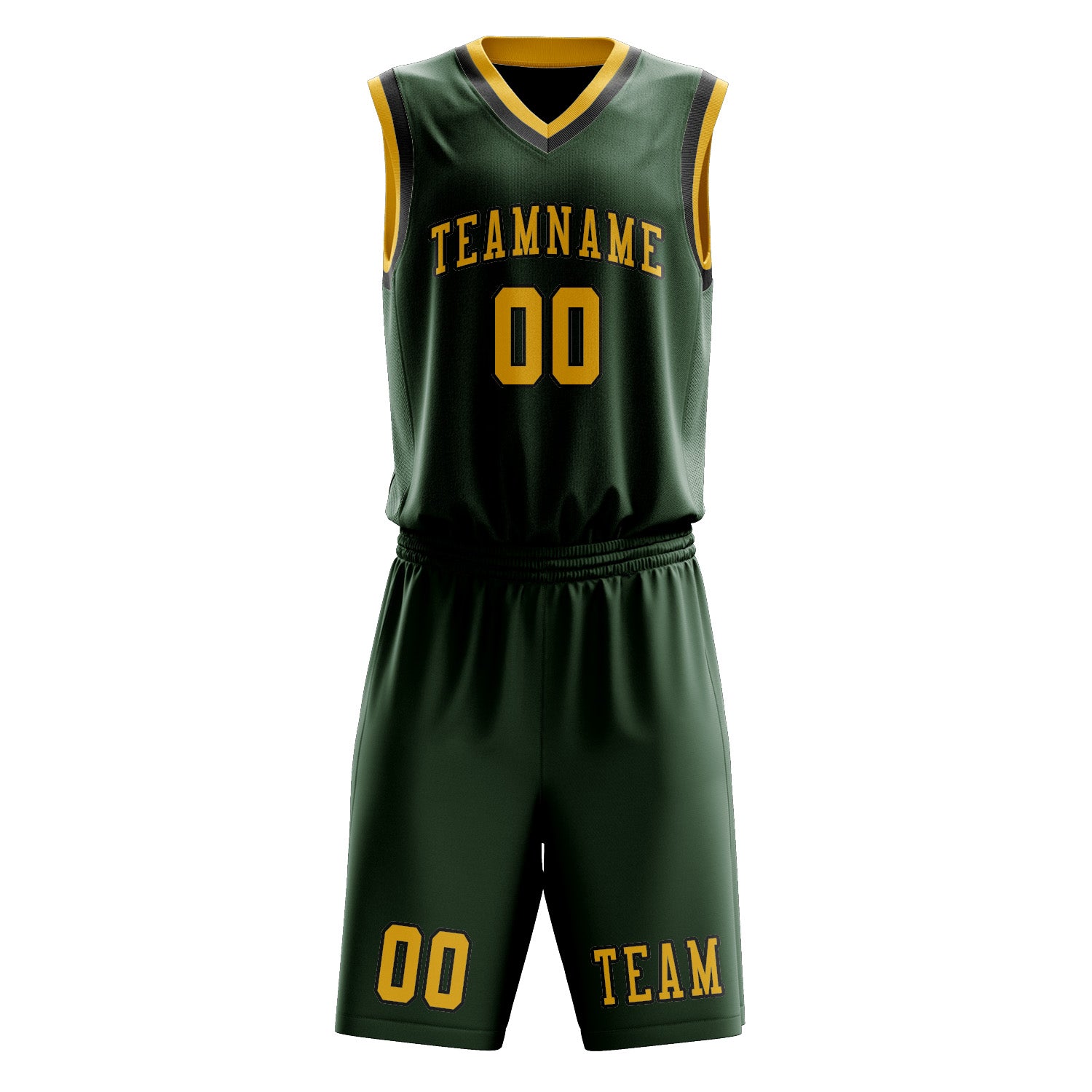 Benutzerdefiniertes Professionelles Tannengrün Gold Basketballtrikot-Set