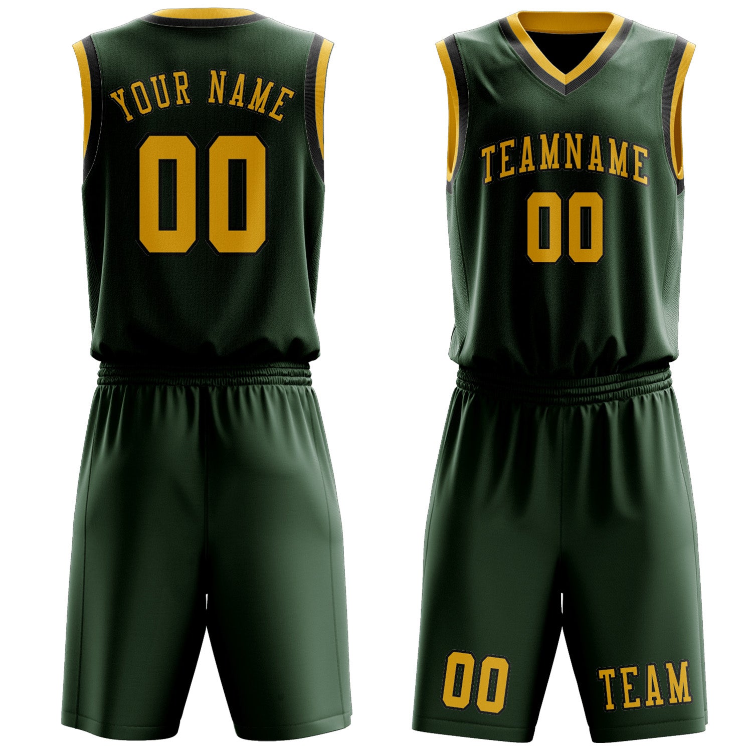 Benutzerdefiniertes Professionelles Tannengrün Gold Basketballtrikot-Set