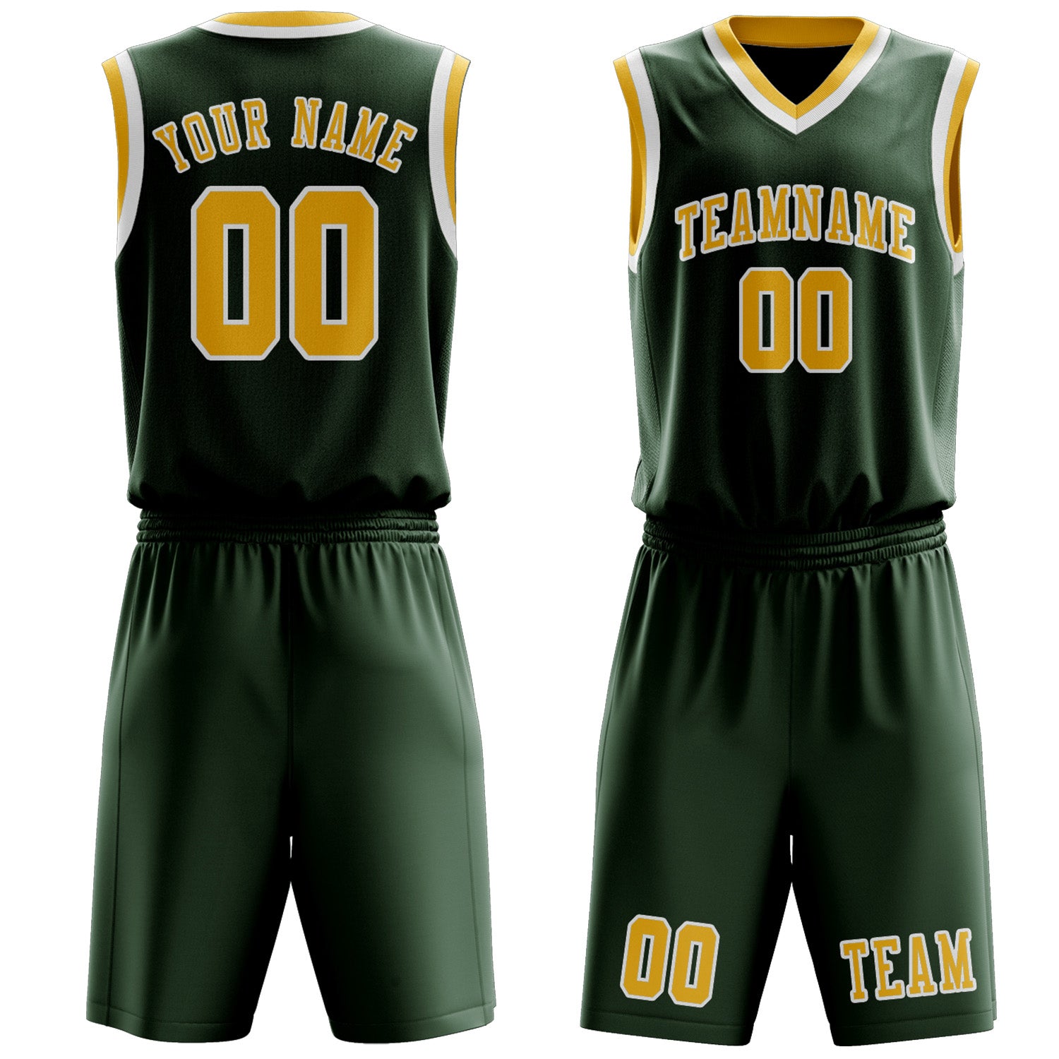 Benutzerdefiniertes Professionelles Tannengrün Gold Basketballtrikot-Set